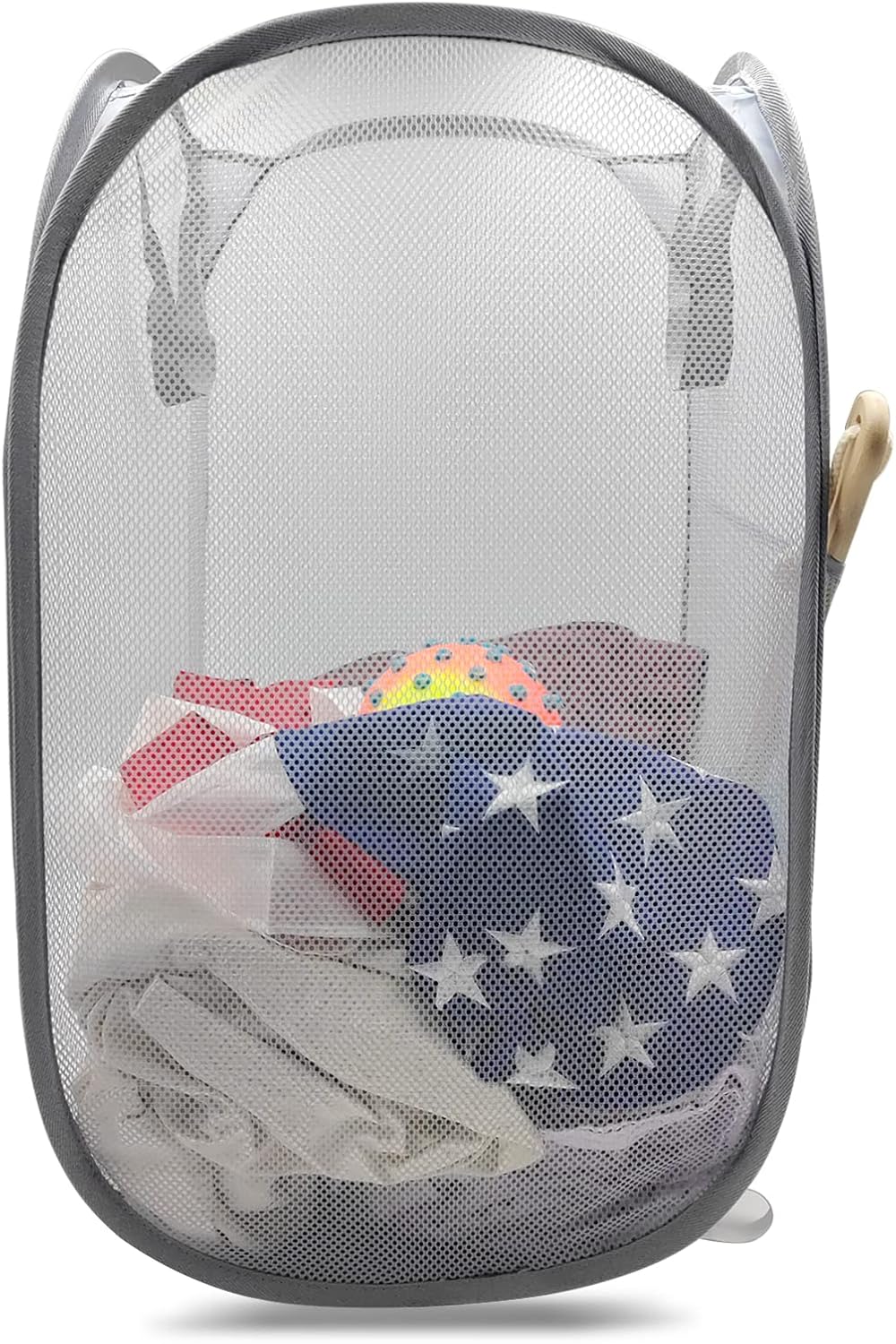 HONOMA Sturdy Mesh Laundry Hamper Basket Bag,Pop up Basket with Side Pocket for Laundry Room, Bathroom, Kids Room, College Dorm or Travel (Pop Vertical, Grey)