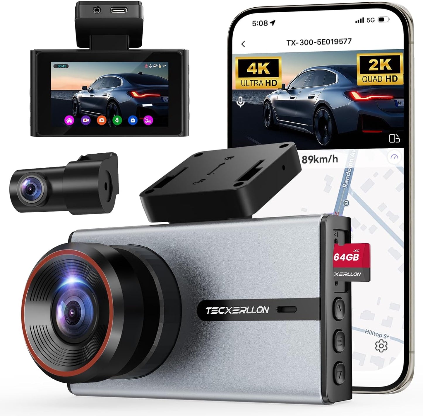 Dash Cam, 4K Dash Cam Front and Rear with ADAS, 170°/150° Wide View, Starlight Night Vision, GPS, WDR, G-Sensor, App Support, 24H Parking Mode, 64GB Card Included