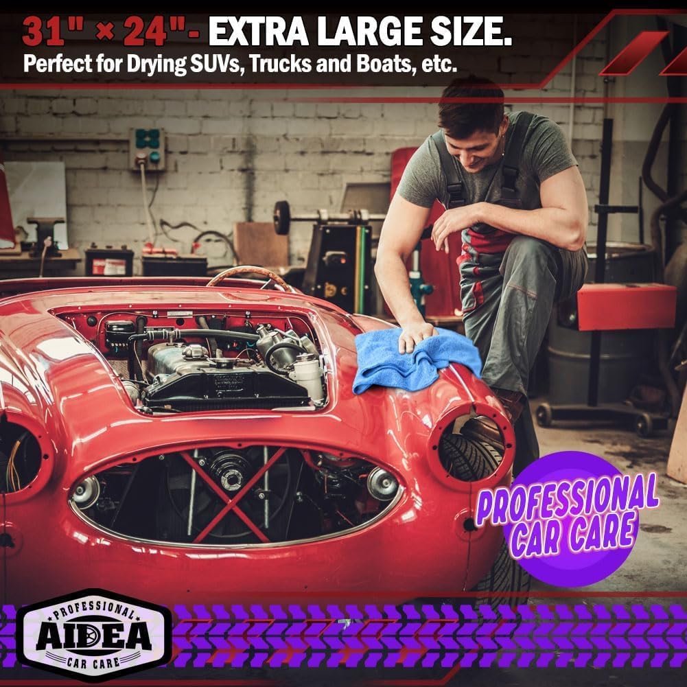 AIDEA Microfiber Towels for Cars-4PK, Large Professional Car Drying Towel, Scratch-Free & Absorbent Drying Towel for Cars, SUVs, RVs, Trucks, and Boats, 24inx 31in, Blue