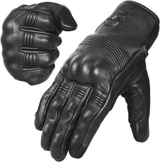 Leather Motorcycle Gloves for Men and Women | Touchscreen | Full Finger | Goatskin Leather Hard Knuckle Motorcycle Riding Gloves (Un-Perforated, Large)