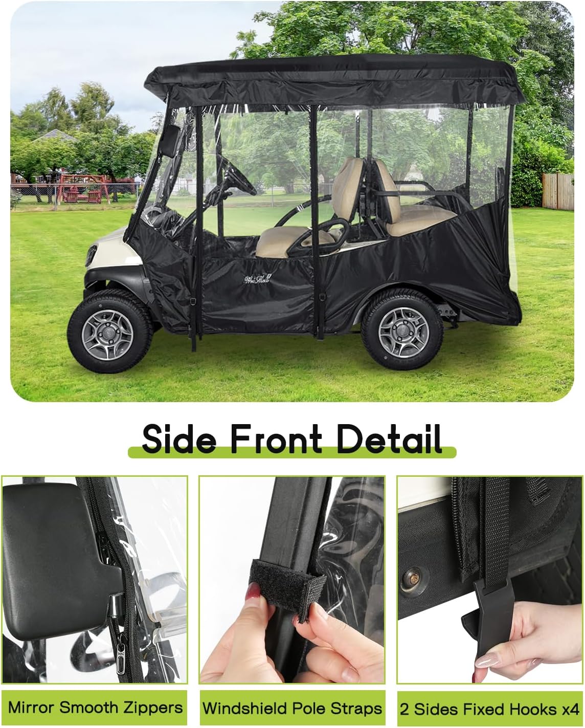 Golf Cart Enclosure 4 Passenger for Club Car Tempo Onward Extended Roof Waterproof Transparent Driving Rain Cover Fit 4-Seater with 4-Sided Clear Windows Mirror Zipper Roll-up Door Black