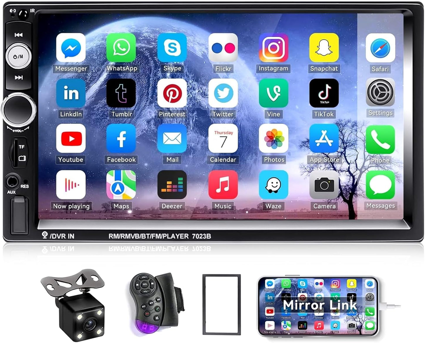 CAMECHO 7" Double Din Car Stereo Audio Bluetooth MP5 Player USB FM Multimedia Radio+ 4 LED Mini Backup Camera with Steering Wheel Remote Support Mobile Phone Synchronization (Used in Android/iOS)