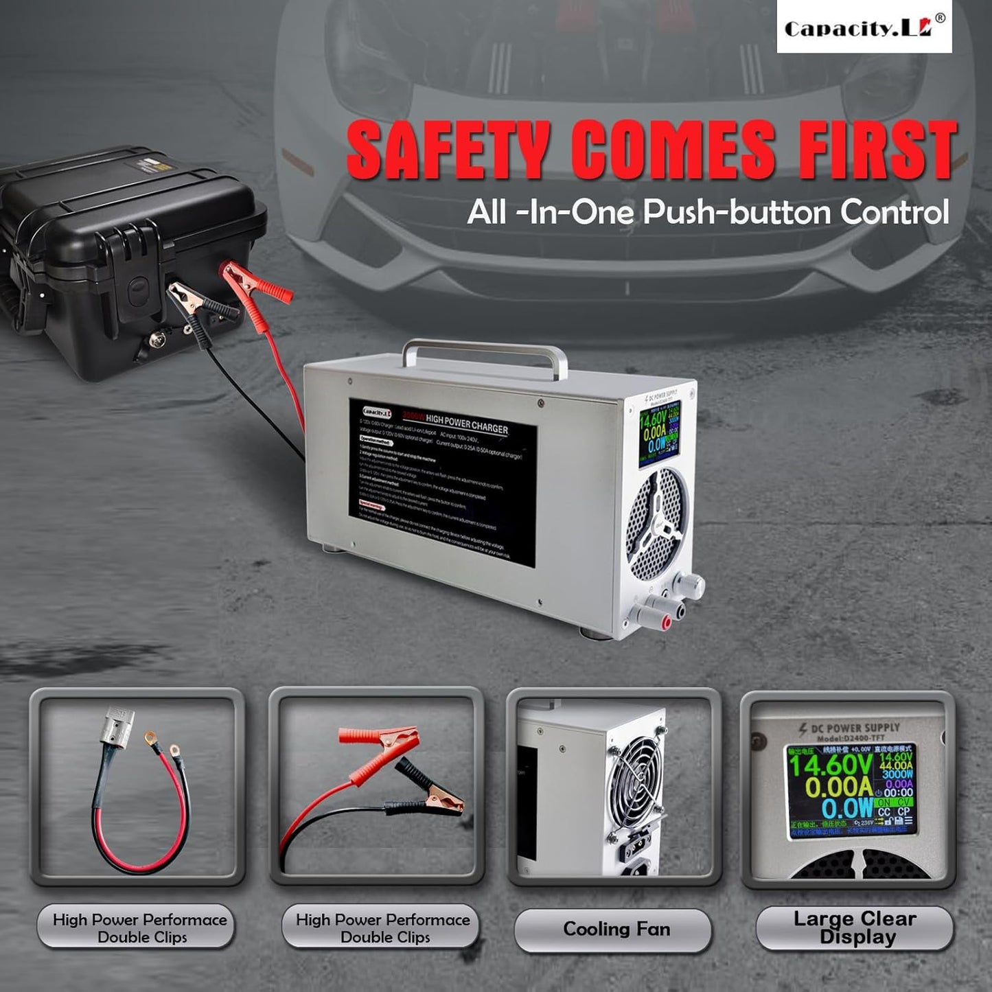 High Power Battery Charger, 0-120V Upgraded Design LifePO4 Battery Charger, One Click Control Adjustable Current/Voltage for LiFePO4 Lithium Iron Rechargeable Battery((0-25A)