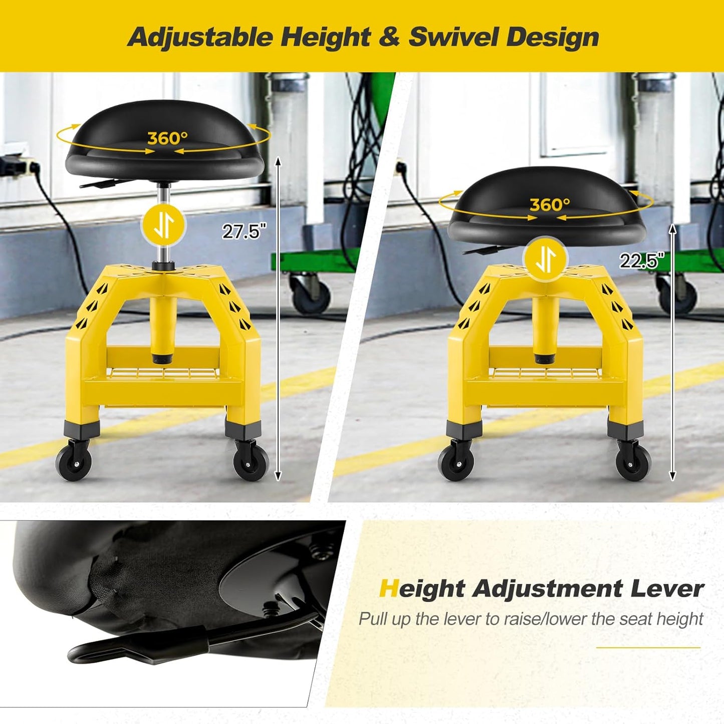 Goplus Rolling Garage Stool, 22.5”-27.5” Adjustable Mechanic Chair with Padded Seat, 330LBS Capacity, Tool Tray, Heavy Duty Creeper Seat, 360° Swivel Shop Stool for Workshop