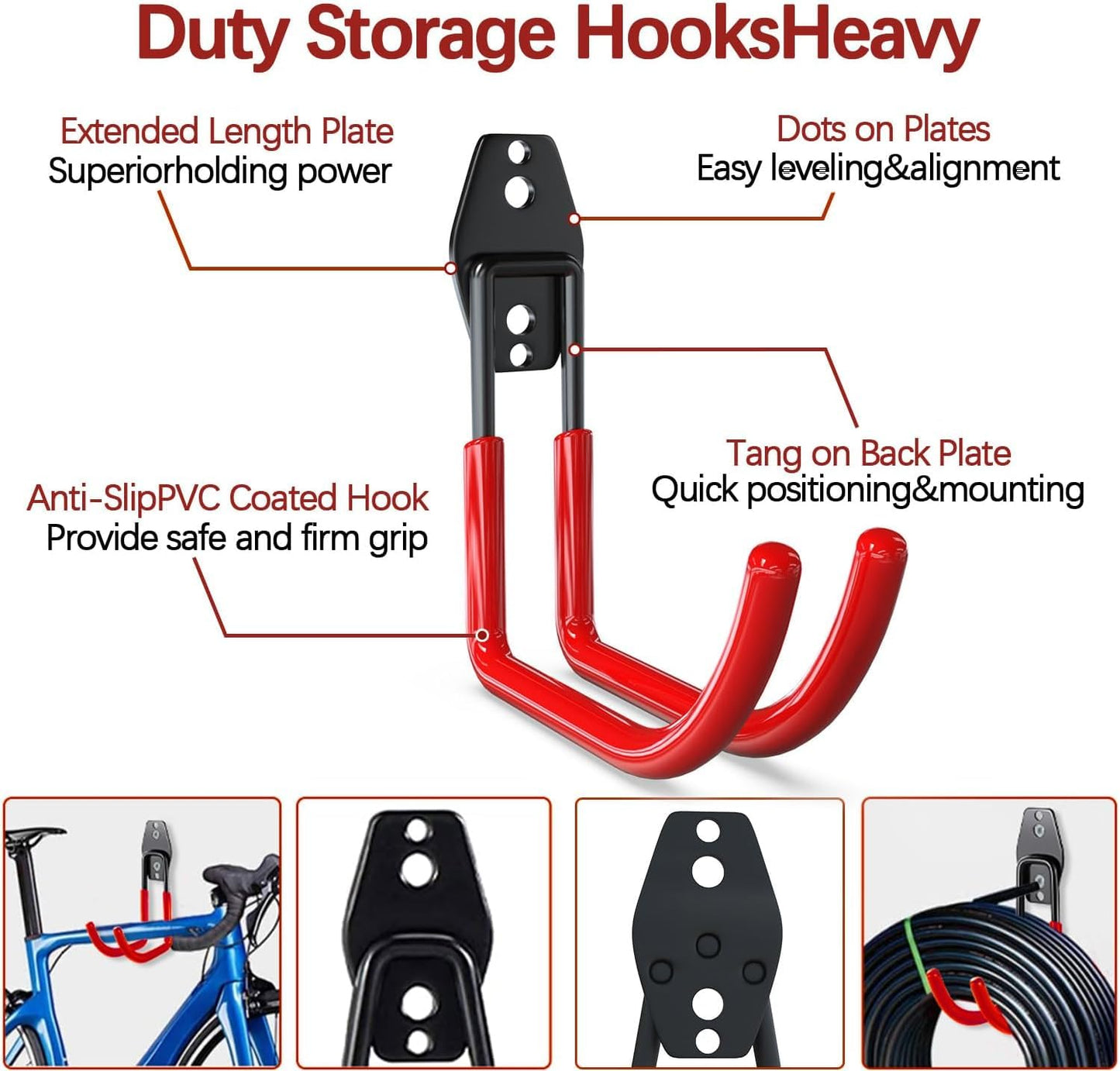 3-H Garage Wall Hooks 45 Pack, Garage Hooks Heavy Duty with Extra Welding Spots, Garage Organizer for Garden, Lawn, Chairs, Ladders, WeedEater, Shovel (Red)