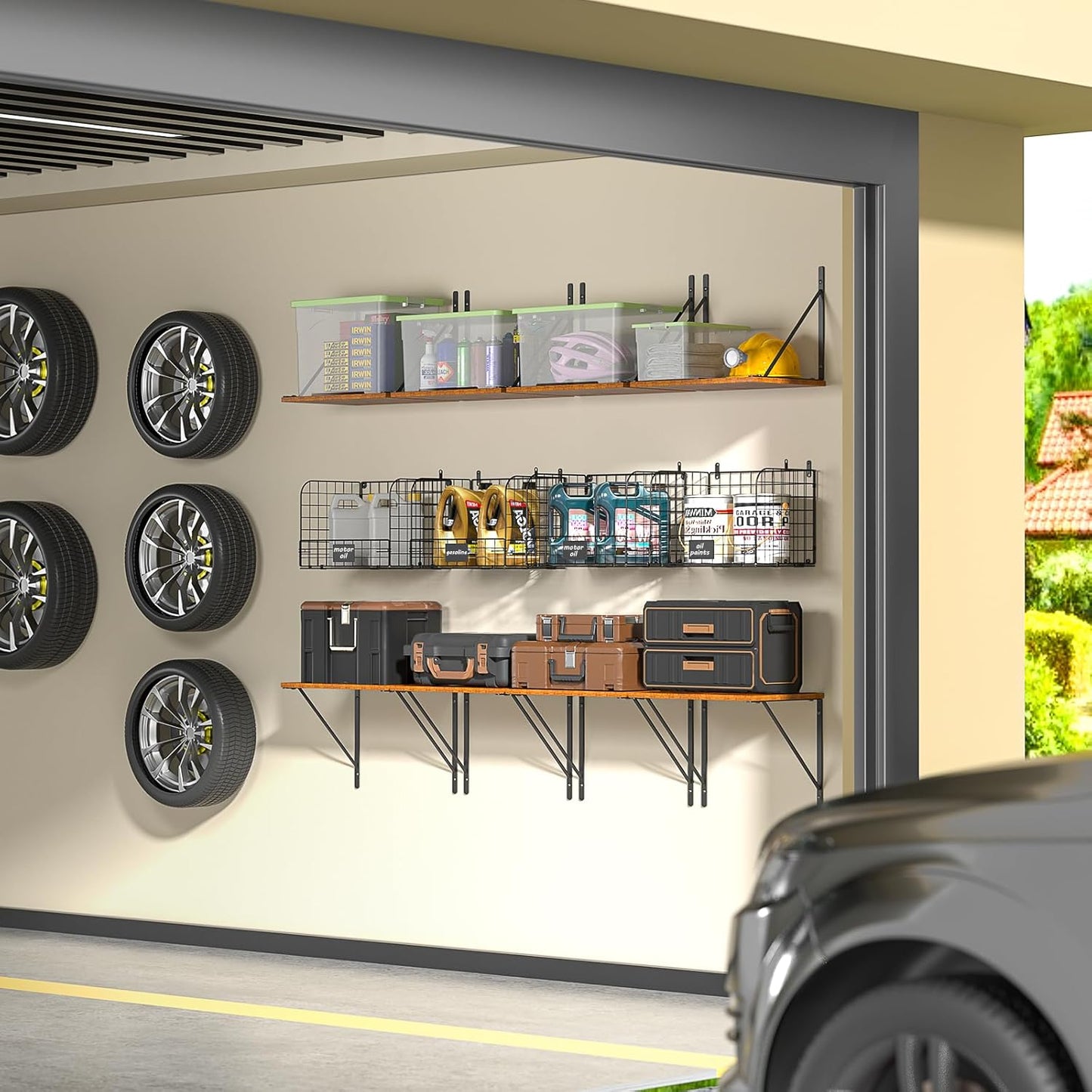 2 Pack Garage Shelves Wall Mounted with Wire Storage baskets, Heavy Duty Garage Wall Shelving with Hooks, Wooden floating shelves Tool Organizer for Home Garden Garage Organizers and Storage