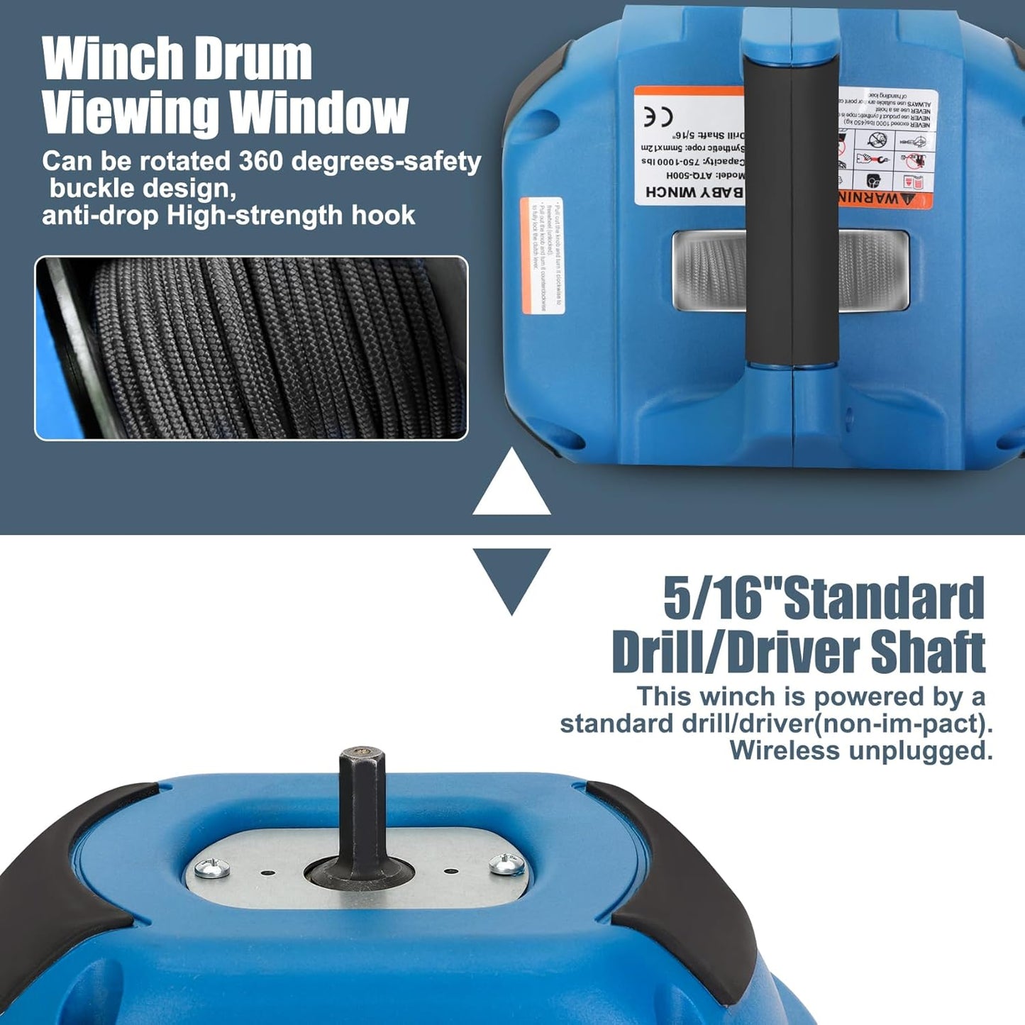 Portable Drill Winch of 1000 LB, Red Handheld Drill Winch with 40 Foot Synthetic Rope, Rotate The Hook 360 Degrees, for Lifting & Dragging (Blue)