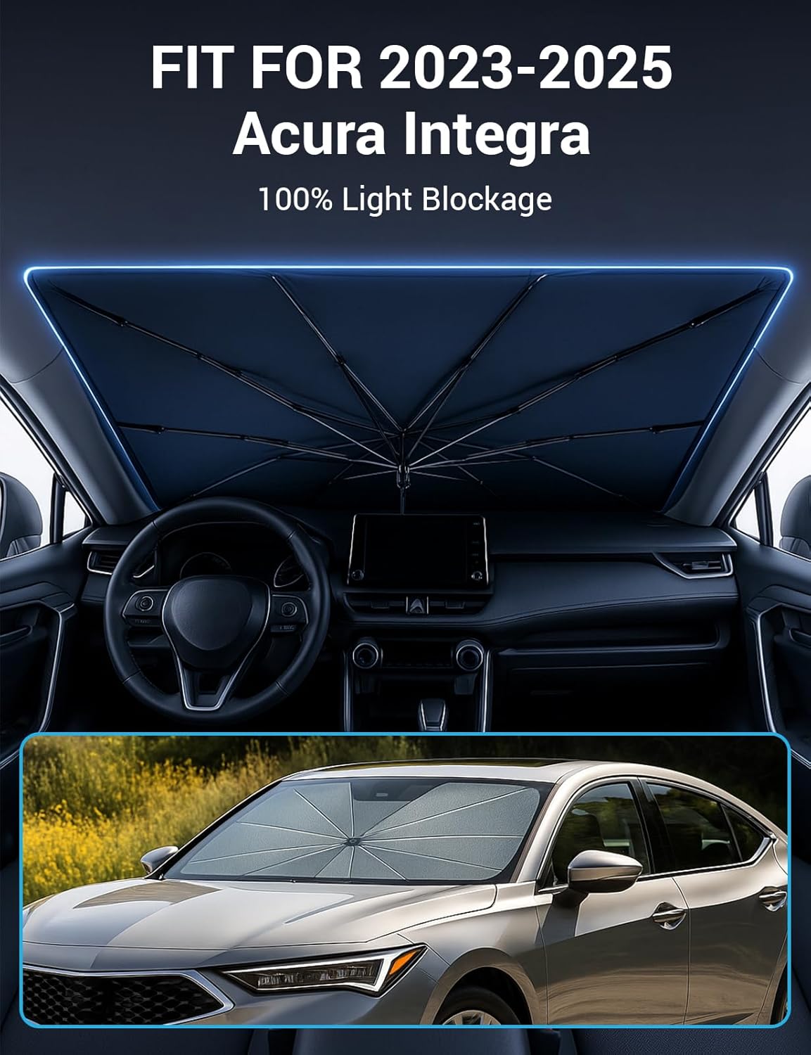 Proadsy Windshield Sun Shade Umbrella for Acura Integra 2023-2025 Foldable Car Umbrella Sunshade with Soft TPU Handle Spring Structure Crystal Cooling Material Protect Car from Rays & Heat