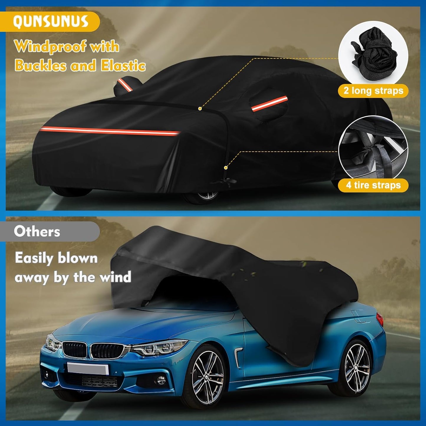 QUNSUNUS Waterproof Car Cover for BMW M4/ 4 Series 420i 428i 430i 435i 440i /4 Coupe 2014-2024, Outdoor All Weather Full Exterior Cover with Straps and Zipper for Wind, Sun, UV and Dust Protection