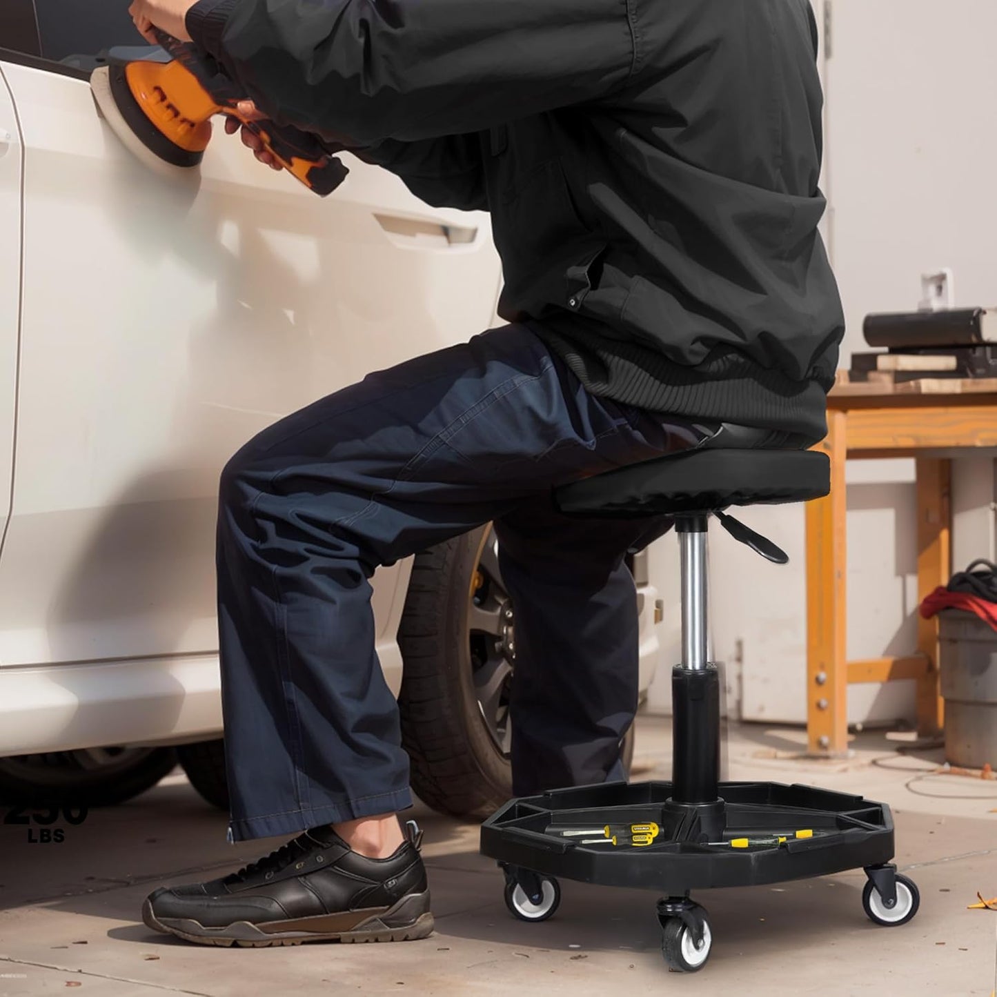 YELLOW JACKET Rolling Garage Seat Adjustable Pneumatic Shop Creeper Seat 300Lbs Mechanic Stool with Wheels and Removable Tool Tray Storage Workshop Chair for Auto Repair