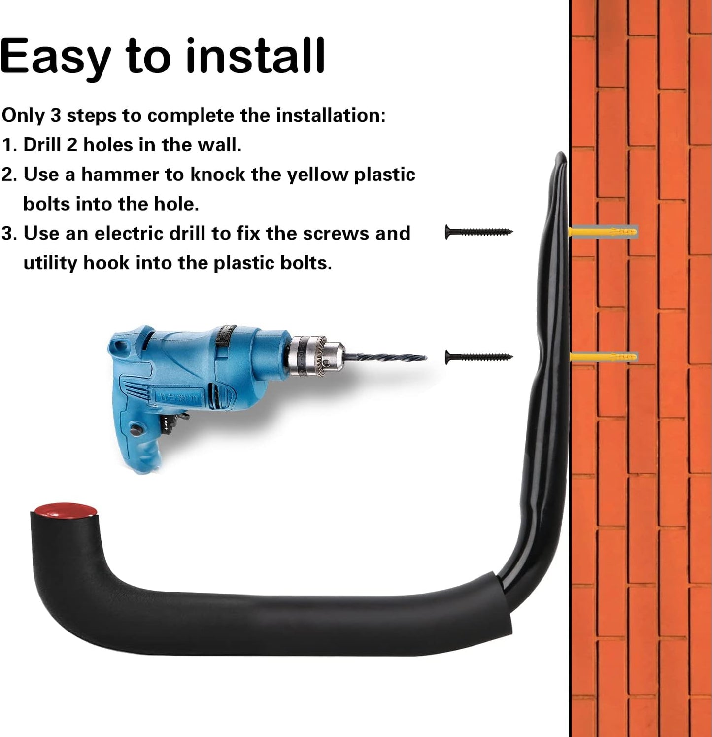 6 Set Garage Hooks - Wall Mounted, Heavy Duty, 7 Inch Large, Extension Cord Hanger, J Hooks for Ladder, Mowers, Cable Bracket - Black