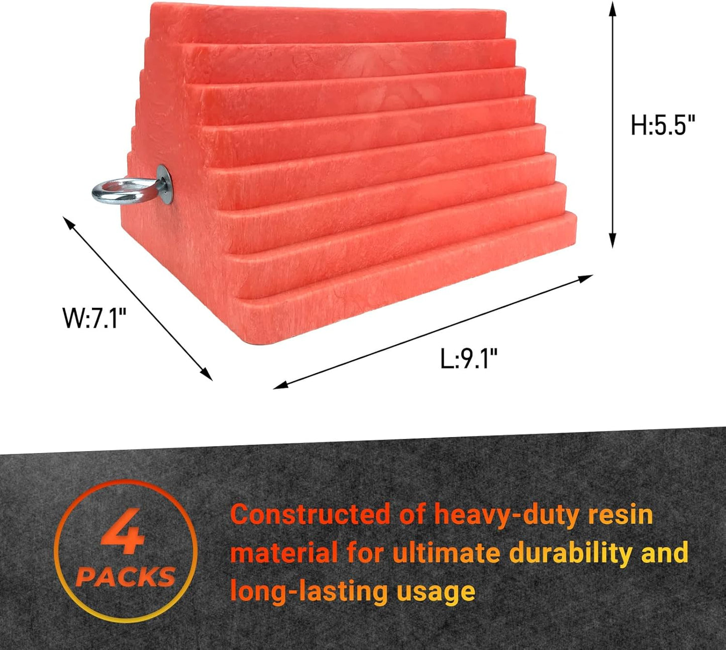 Premium 4 pcs Heavy Duty Wheel Tire Chocks, Vehicle Chocks with Eyebolt for Travel Trailers, Camper, Truck, Car and ATV 4 Pack, Orange