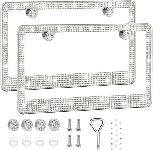 2 Pack License Plate Frames for Women, Sparkly Rhinestone Diamond Car Accessories with Glitter Crystal Caps (White (2PCS))