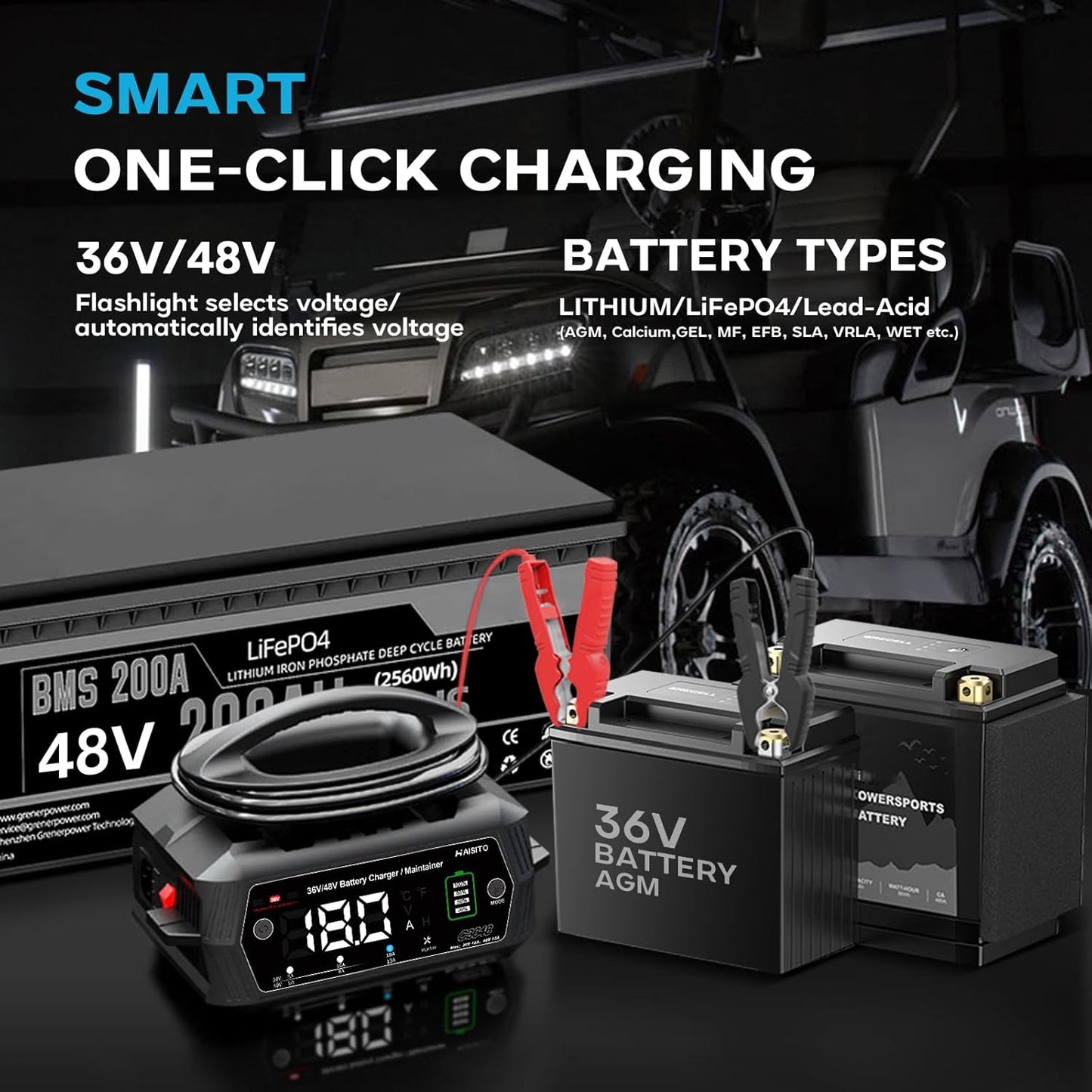 Golf cart Battery Charger, 48V 13A and 36V 18A Trickle Battery Charger,48 Volt Golf Charger,for EZGO RXV&TXT Smart Charger,Lithium,LiFePO4,Lead-Acid AGM/Gel/SLA..BatteryCharger,3-Pin (Delta-Q)