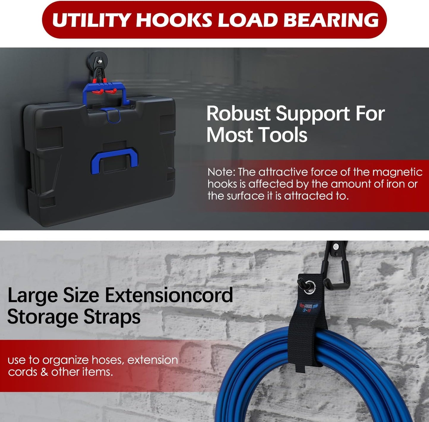 3-H Heavy Duty Magnet Garage Hooks 4 Pack, Large Strong Magnetic Hooks for Hanging Cordless Power Drill, Utility Magnetic Tool Holder for Metal Cabinet, Steel Pegboard, Toolbox, Garage(Red)