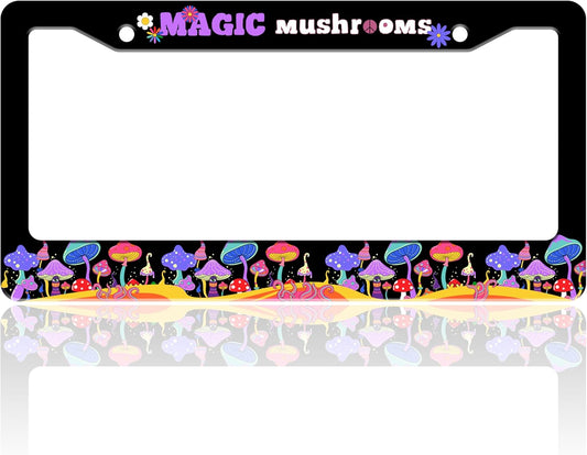 Magic Mushrooms License Plate Frame Colorful Dream Stainless Steel License Plate Holder for Front or Rear Car Tags Funny for Car Decoration Accessories with Screws 6.3 X 12.2 in for Women Men
