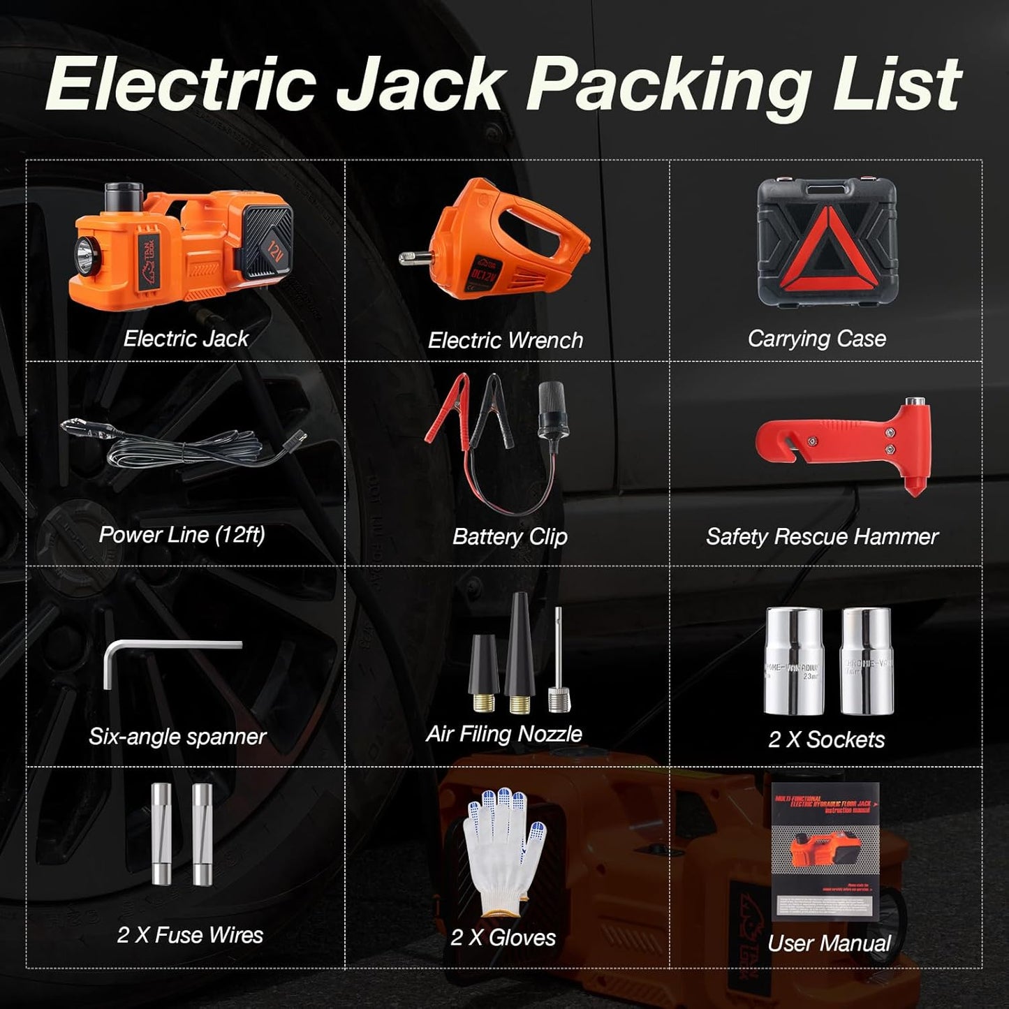 Electric Car Jack Kit with Hydraulic Lift 5-Ton, Tire Inflator & Impact Wrench Heavy-Duty 12V Floor Jack for Sedans,SUVs,MPVs & Trucks.Ideal for Tire Changes & Garage Repairs (with Electric Wrench)