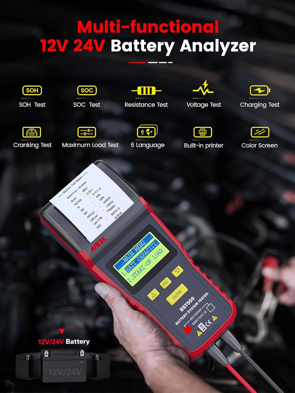ANCEL BST500 Car Battery Tester with Printer, 12v 24v Automotive Battery Load Tester, Cranking Charging System Analyzer, 99.99% Accuracy for Car Motorcycles Truck SUV ATV RV and More