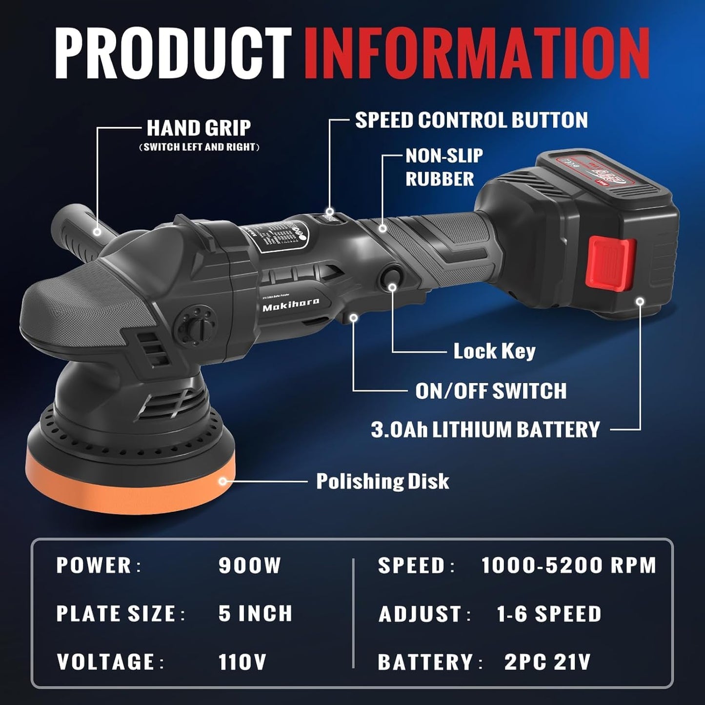 Cordless Buffer Polisher, 5 Inch Random Orbital Car Polisher Waxer, 6 Variable Speed 1000-5200 RPM, 21V 3.0Ah Batteries , 28Pcs Polishing Kit,for Car Polishing, Waxing, Boat Sanding, Scratch Removing