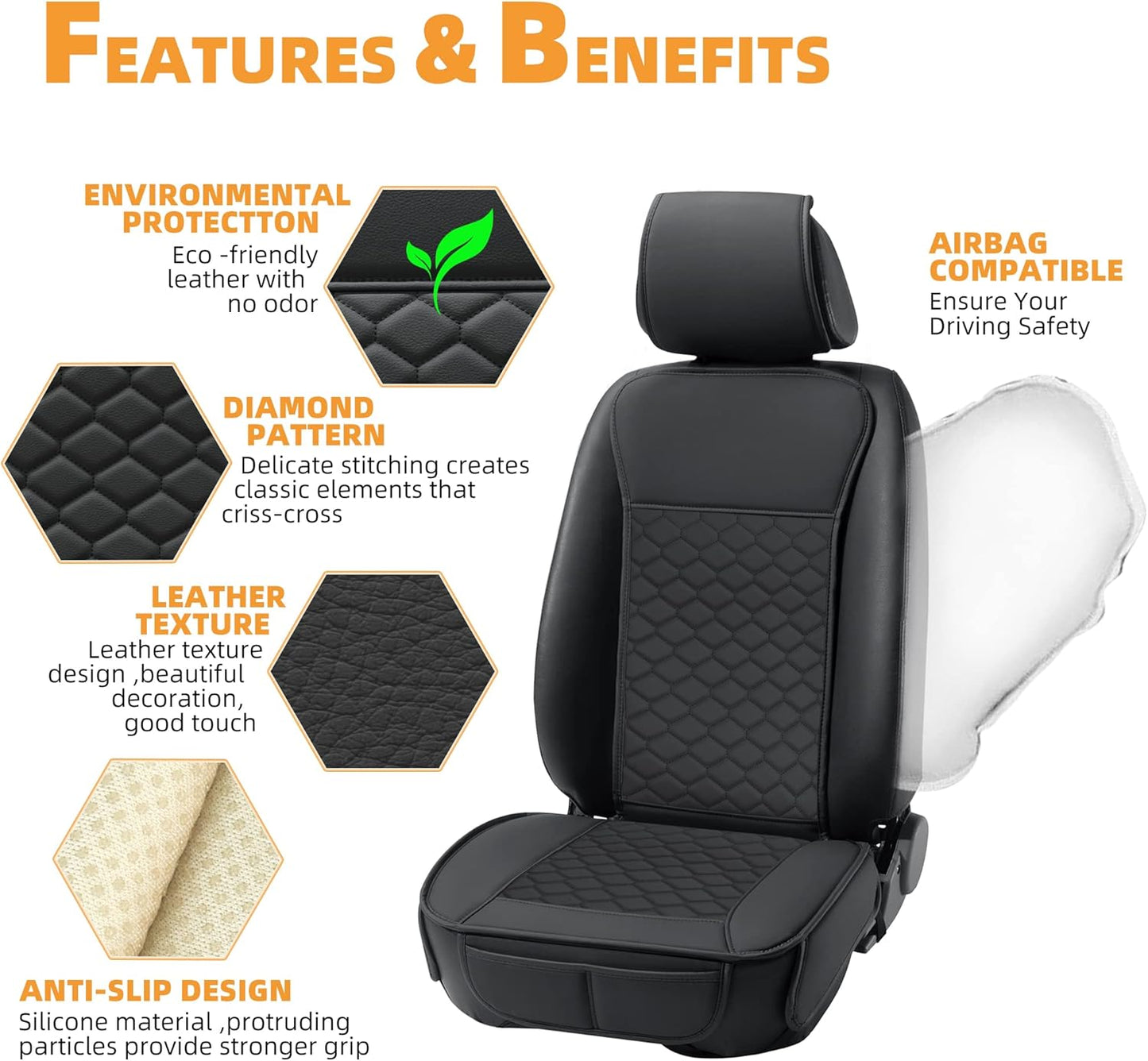 Elantrip Car Seat Cover Full Set Leather Car Seat Protector Universal fit for Most Cars SUVs and Trucks Water Proof Front and Rear Seat Protector Black