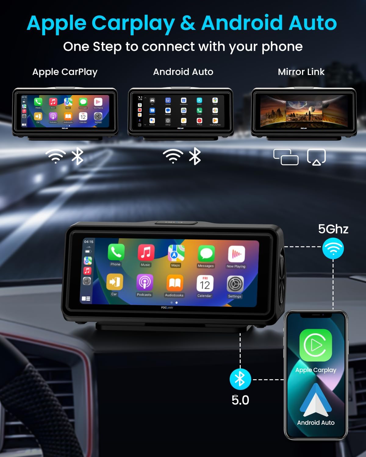 Portable Apple Carplay Screen for Car, Touch Screen with Wireless Android Auto, Car Audio Receivers with Voice Control, Mirror Link, Music Play, GPS Navigation, Built-in Customized Speakers (Black)