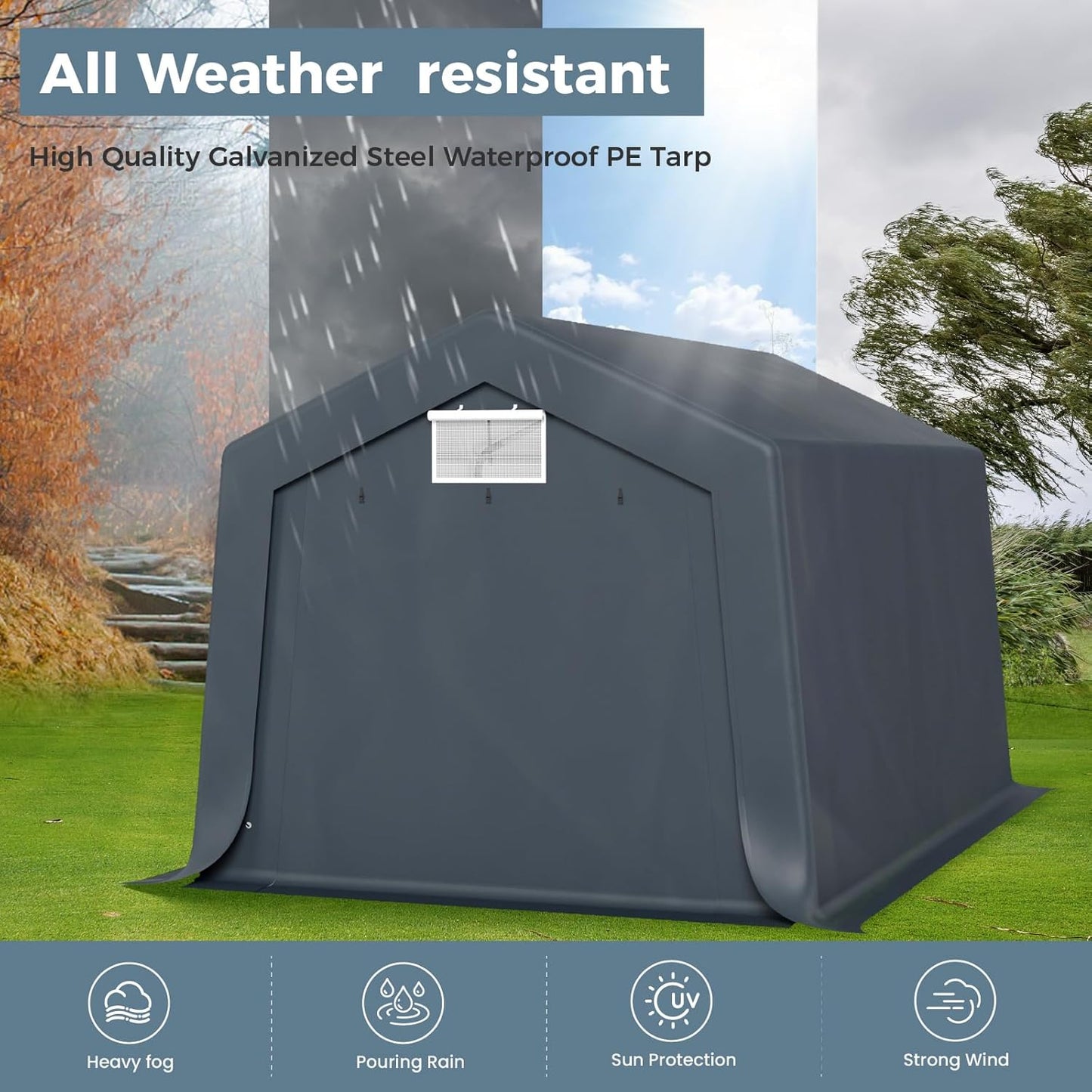 GREEN PARTY Storage Shelter Shed, 10x15 ft Portable Shed Outdoor Carport with Roll-up Zipper Door & Vents, Outdoor Storage Shed Portable Garage for Motorcycle, Bike, Waterproof & UV Protected, Gray