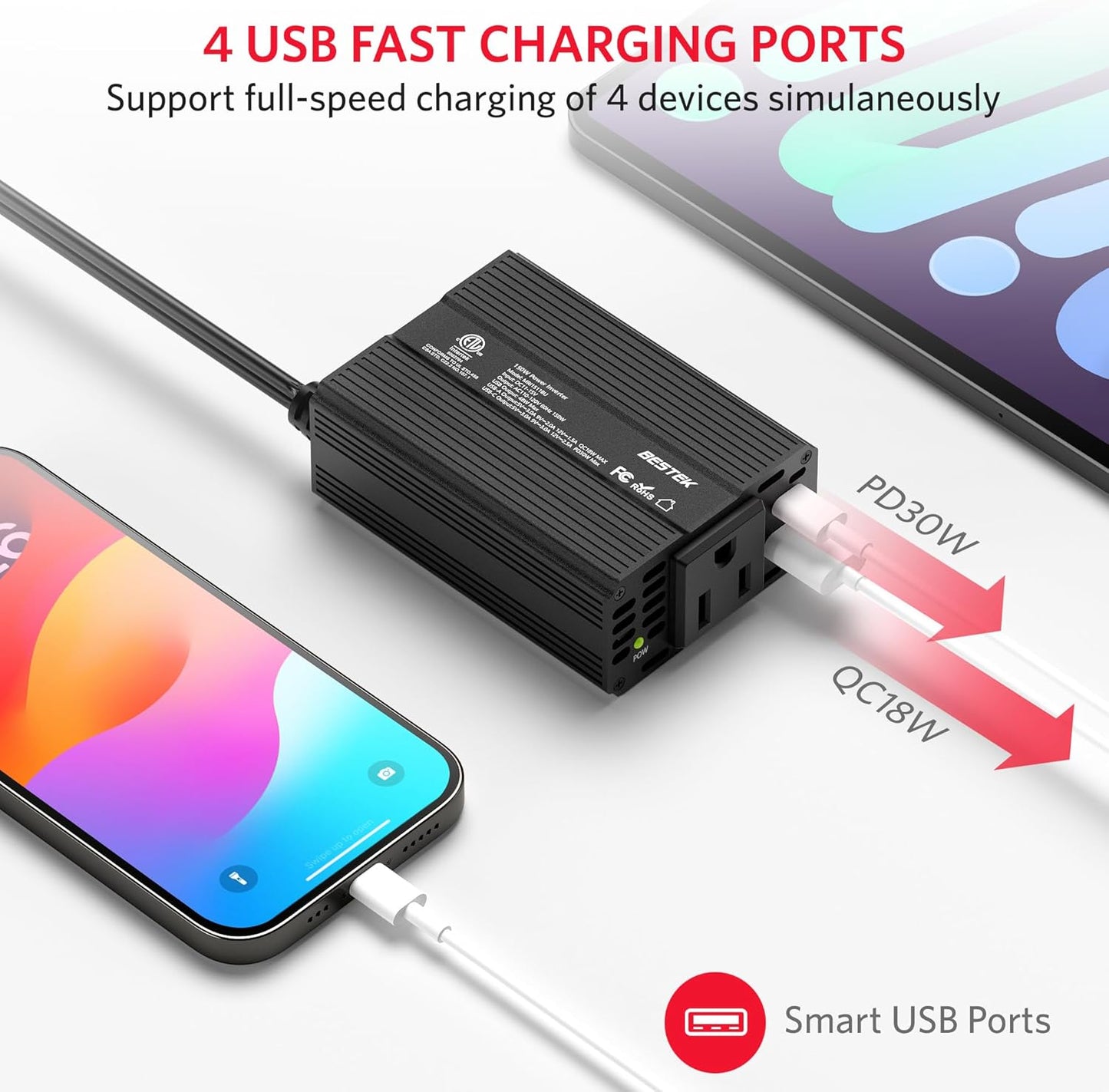 BESTEK 150W Car Power Inverter, DC 12V to 110V AC Converter PD 30W QC 3.0 18W USB Charger Laptop Car Charger Outlet Power Adapter for Car