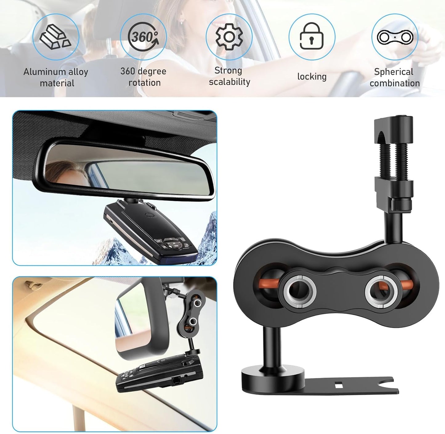 Radar Detector Mount,Aluminum Rearview Mirror Rod Radar Bracket,for Escort / Beltronics Vector / Rocky Mountain Phantom-T Radar