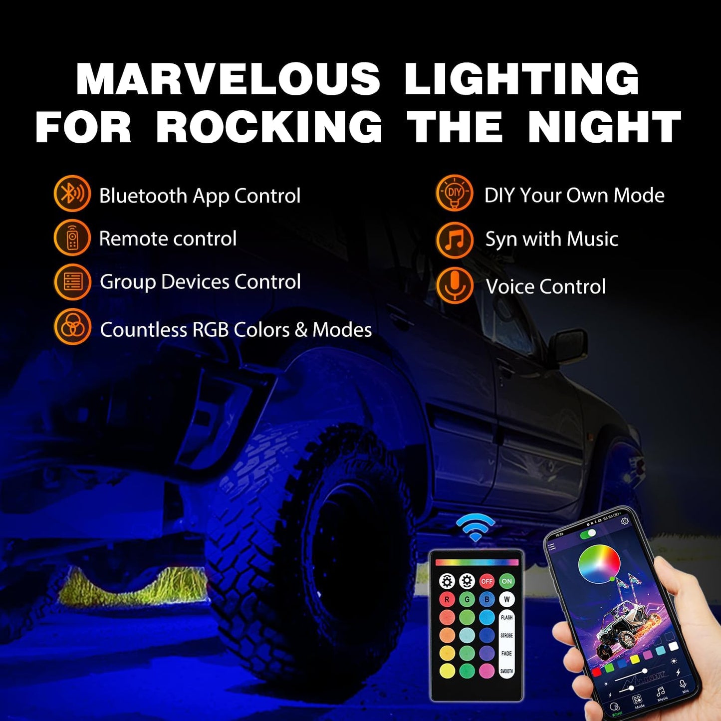 Nilight RGB LED Rock Lights Kit 12 Pods Underglow Multicolor Neon Pod with Remote & Bluetooth App Control DIY Flashing Music Mode Wheel Well Light for Truck ATV UTV RZR SUV