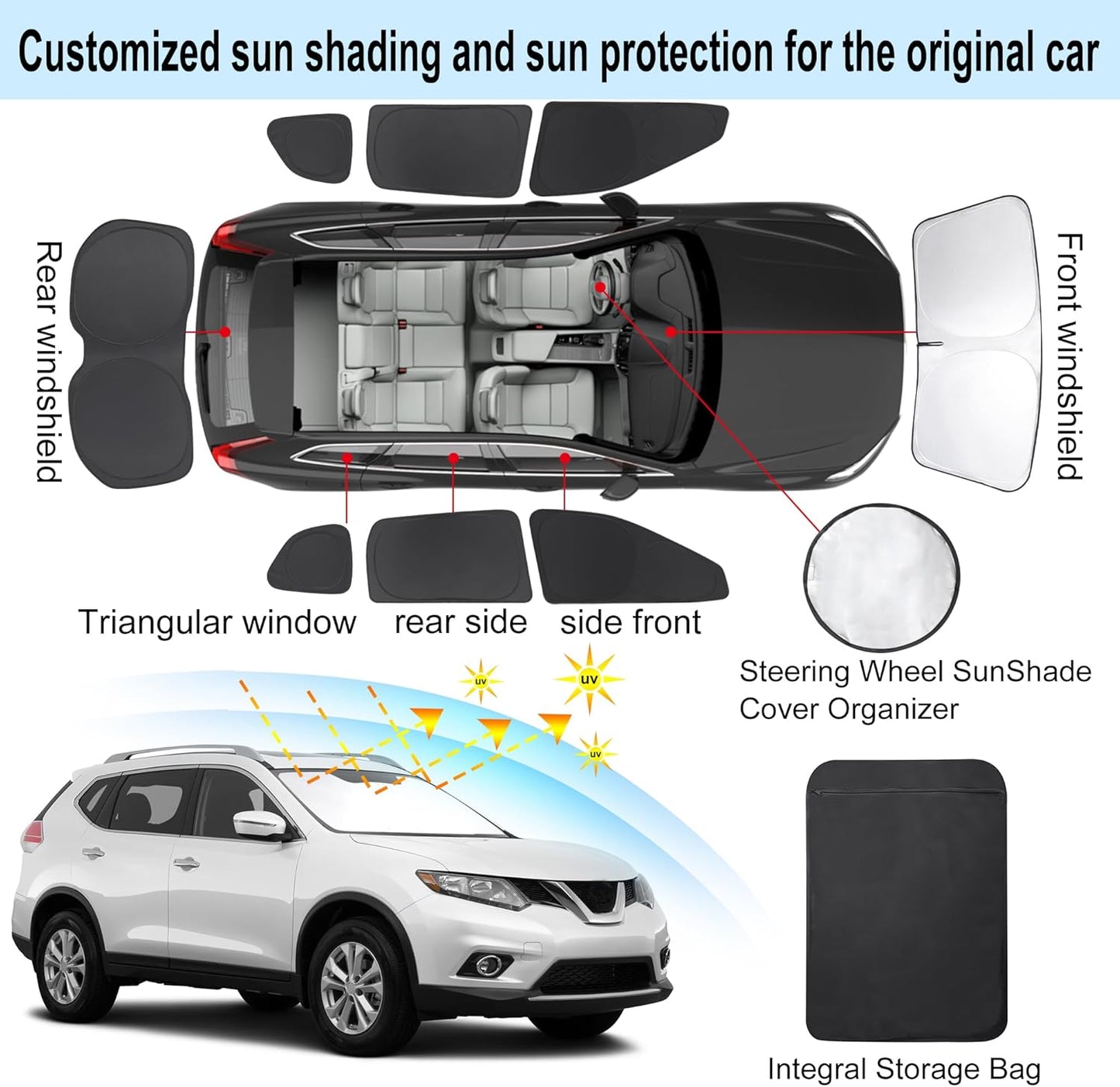 TINGLU Window Shades for Nissan Rogue 2014-2020(NOT for Rogue Sport & 2021 Rogue 3rd Gen. T33) Accessories Full Windows Rear Triangular Windshield Sun Shade Sun UV Rays Privacy Protection 8PCS