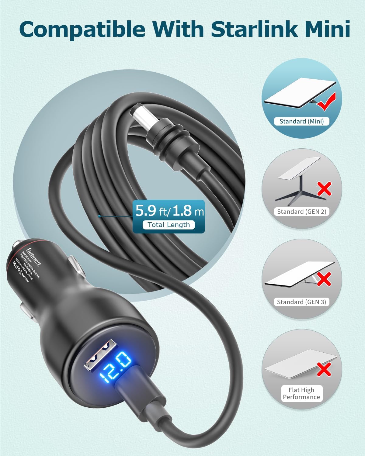 Starlink Mini USB C Power Cable 5.9FT 3 in 1 Starlink Mini Car Adapter DC Power Cable and Car Charger Smart Boost 12V to 20V/100W with Digital Display Durable USB C PD 100W and USB A 18W Port 1.8M