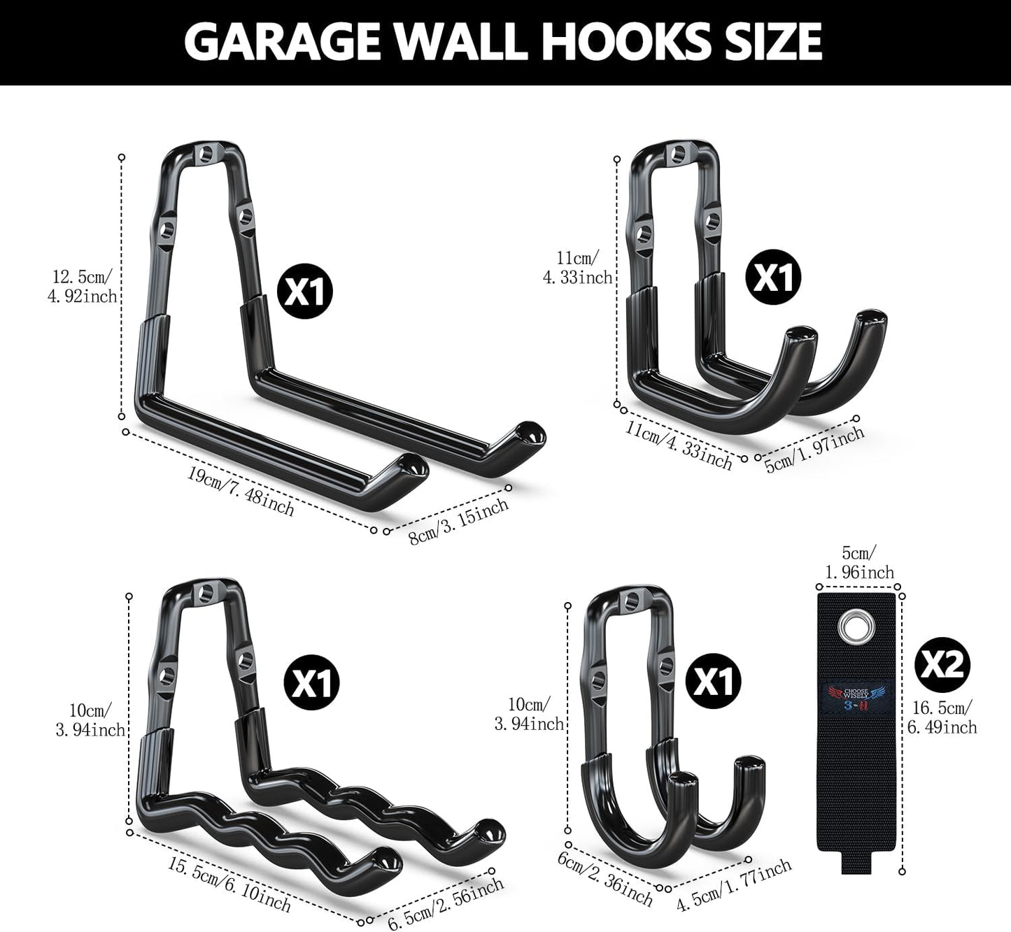 3-H Heavy Duty Garage Hooks 6 Pack, One-Piece Construction Garage Wall Hooks, Garage Hanger & Organizer Wall Mount for Ladders, Bikes, Chairs, WeedEaters, Shovels, Garden Tools (Black)