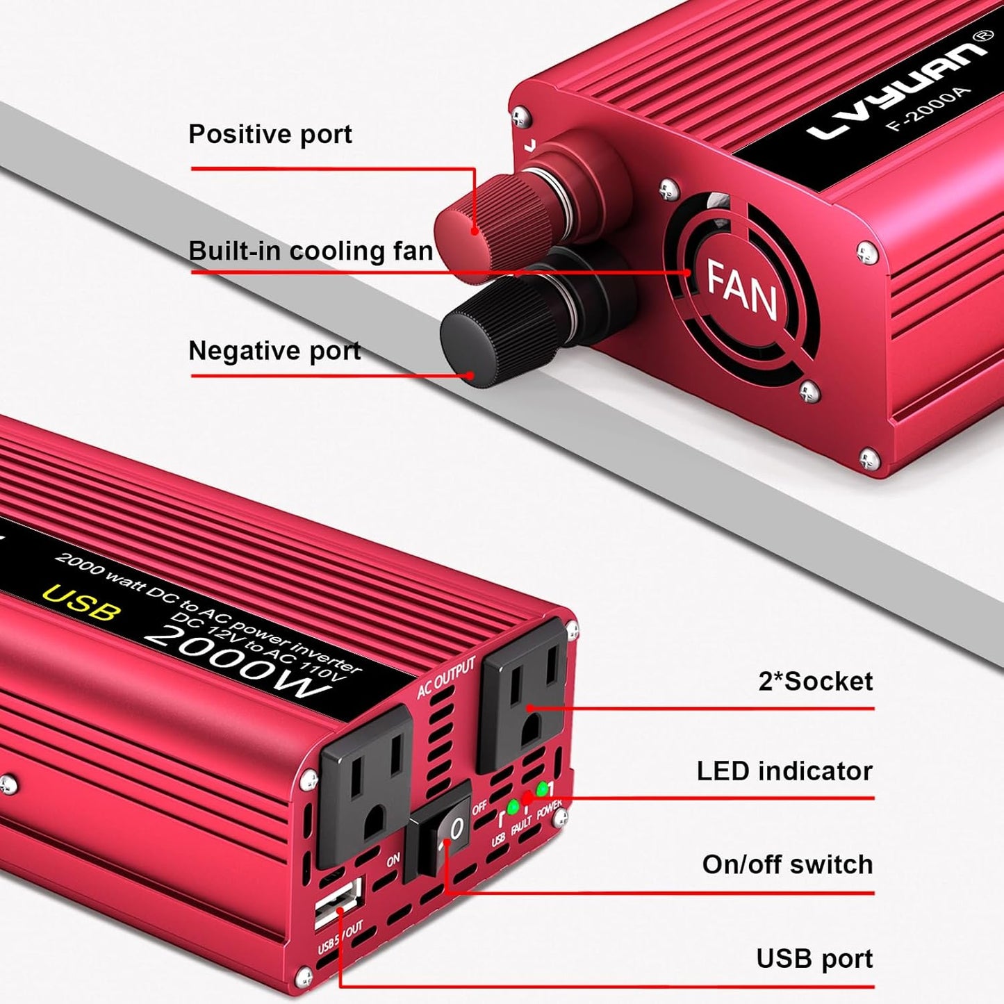 1000W Power Inverter 12V DC to 110V AC Car Plug Adapter Outlet Converter with Dual AC Outlet 3.4A USB 12 Volt Invertor Car Cigarette Lighter Inverter for Laptop Computer RV Truck