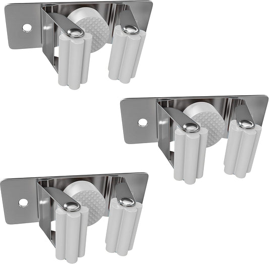 Self Adhesive Broom and Mop Holder Wall Mounted – SUS304 Stainless Steel 2-Slot Organizer with Anti-Slip Rubber Grips, 25lb Load, Adjustable for 0.6–1.4" Handles, Garage Kitchen Bathroom Use, 3 Pack