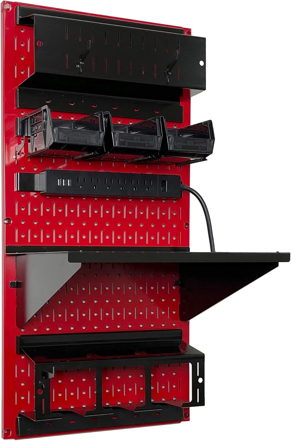 Wall Control Power Tool Storage Organizer Kit Cordless Drill Holder Charging Station Rack 16” x 32” Metal Pegboard Organization System (Red Pegboard)