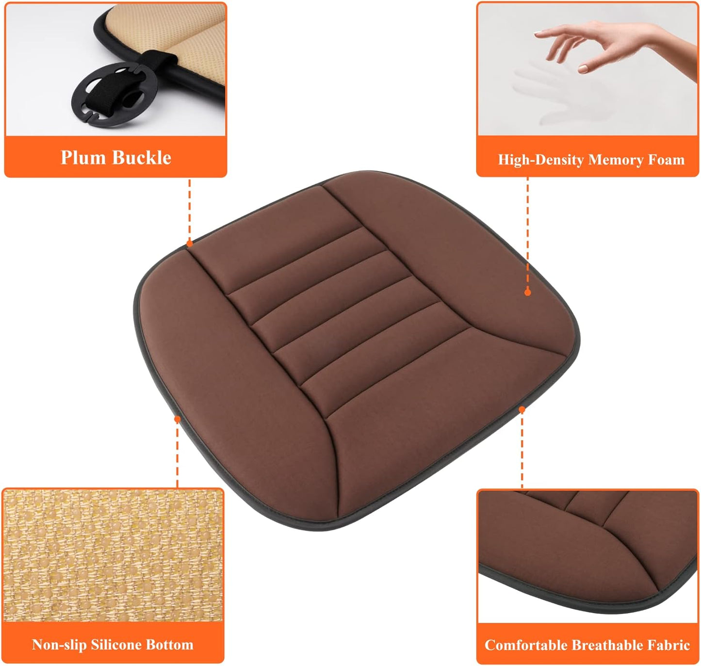 kingphenix Car Seat Cushion with 1.2inch Comfort Memory Foam, Seat Cushion for Car and Office Chair (Brown)