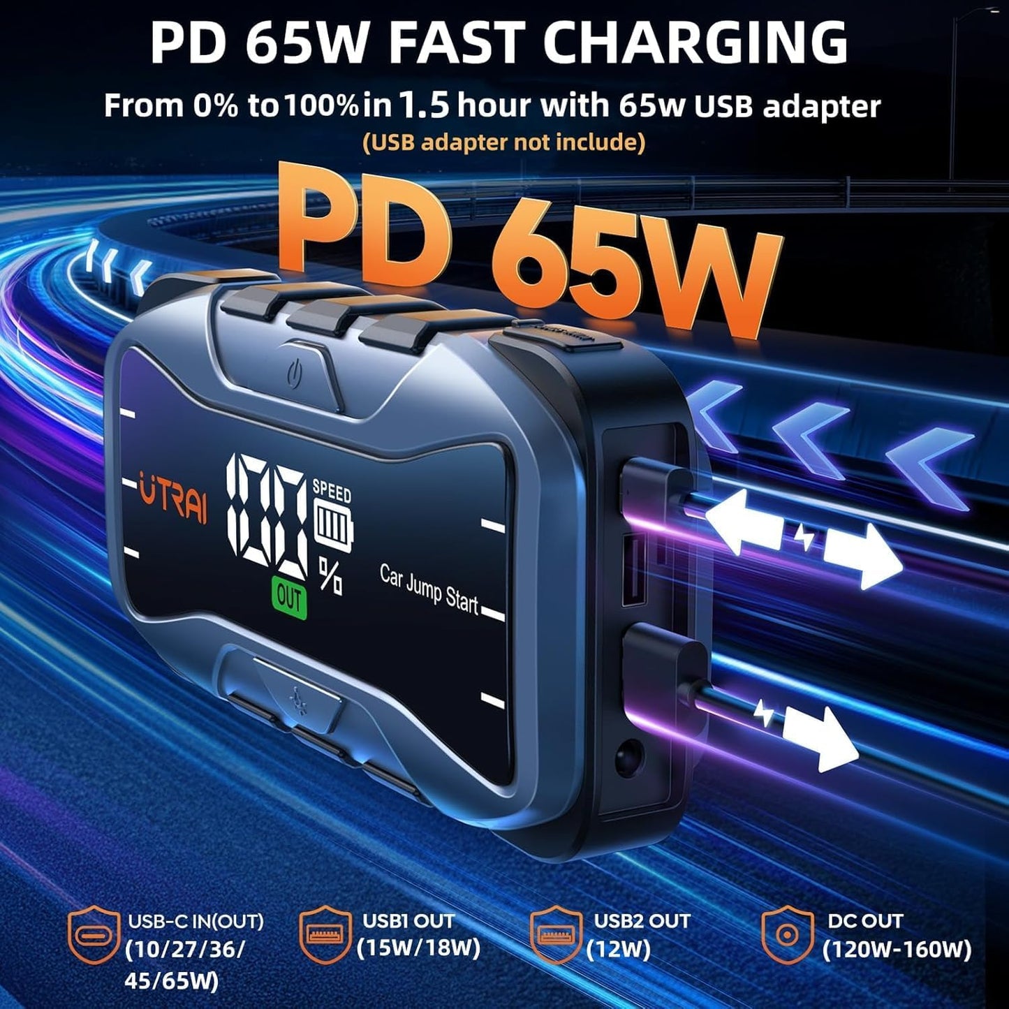 UTRAI 6000A Portable Jump Starter for Car, 12V Battery Jumper 27000mAh Jump Box for All Gas and 12L Diesel Engines, 65W Fast Charging Type-C Jump Pack, 2 USB Output, DC Output, 600LM LED Flashlight