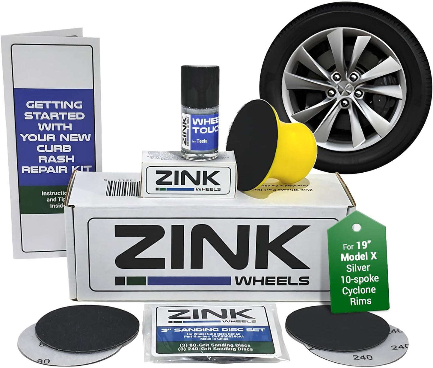 Premium Tesla Wheel Curb Rash Repair Kit for Model X 19-inch Silver Cyclone Rims - DIY Kit with Color-matched Touch Up Paint - Made in USA