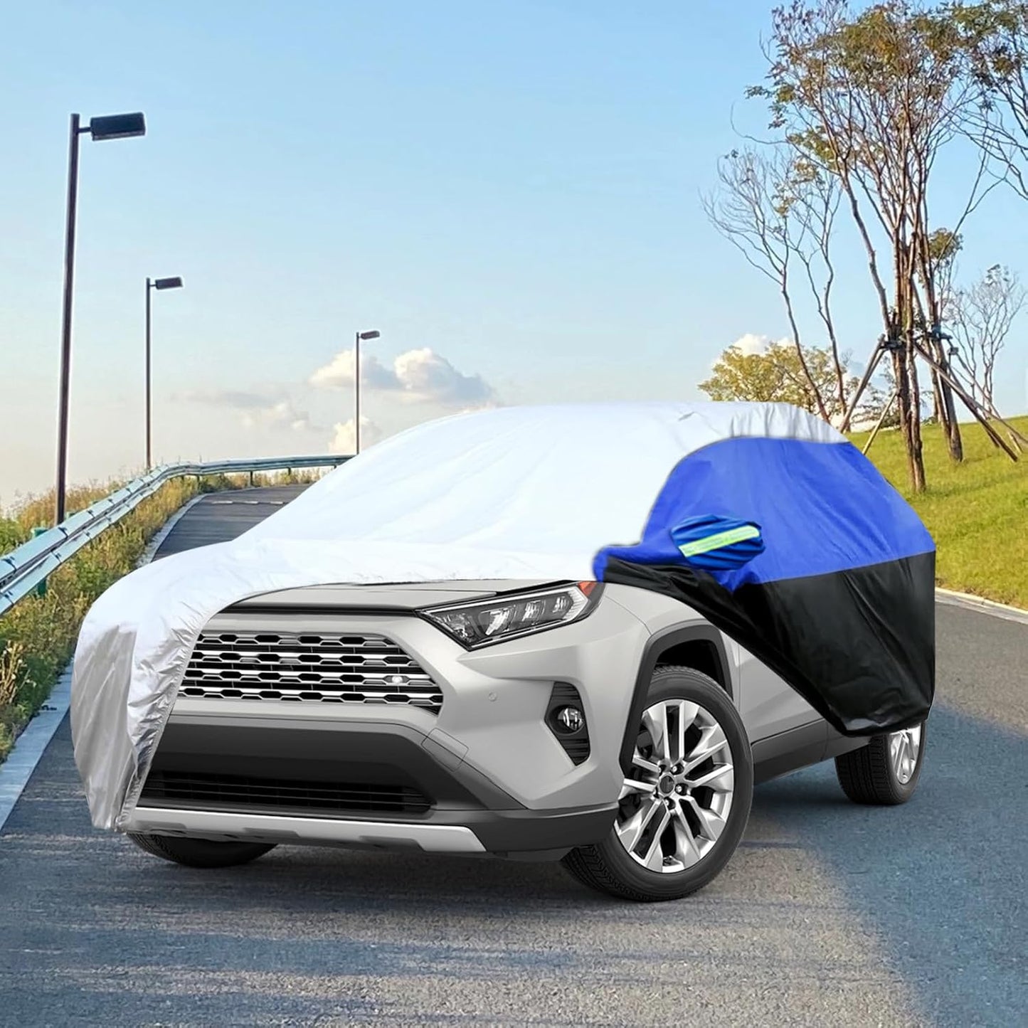 Car Cover for SUV Waterproof All Weather Snowproof UV Windproof Outdoor Full Car Jacket with Elastic Edges Adjustable Straps