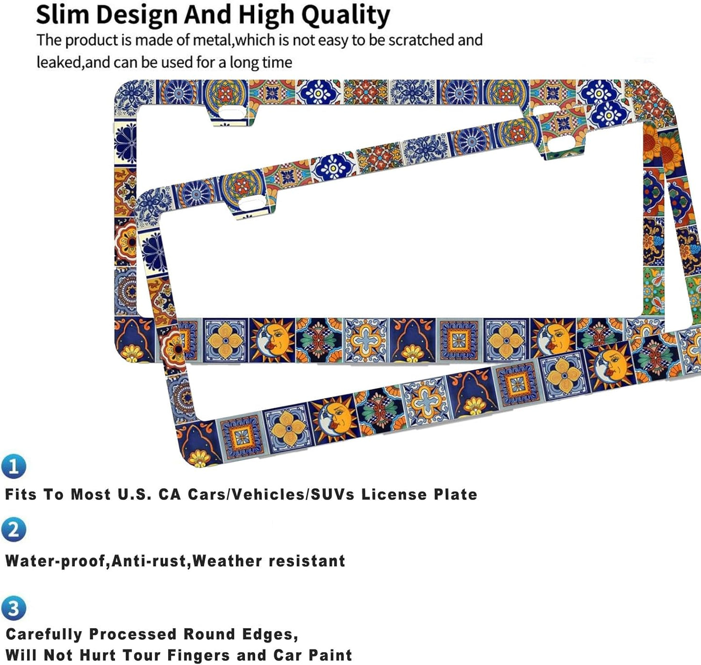 2Pack Mexican Tiles License Plate Frames Mandala Boho License Plate Frame Car Universal Aluminum Accessories Cars Decorative 2 Holes Screws Fits Standard US Vehicles Size 12.2 x 6 Inches