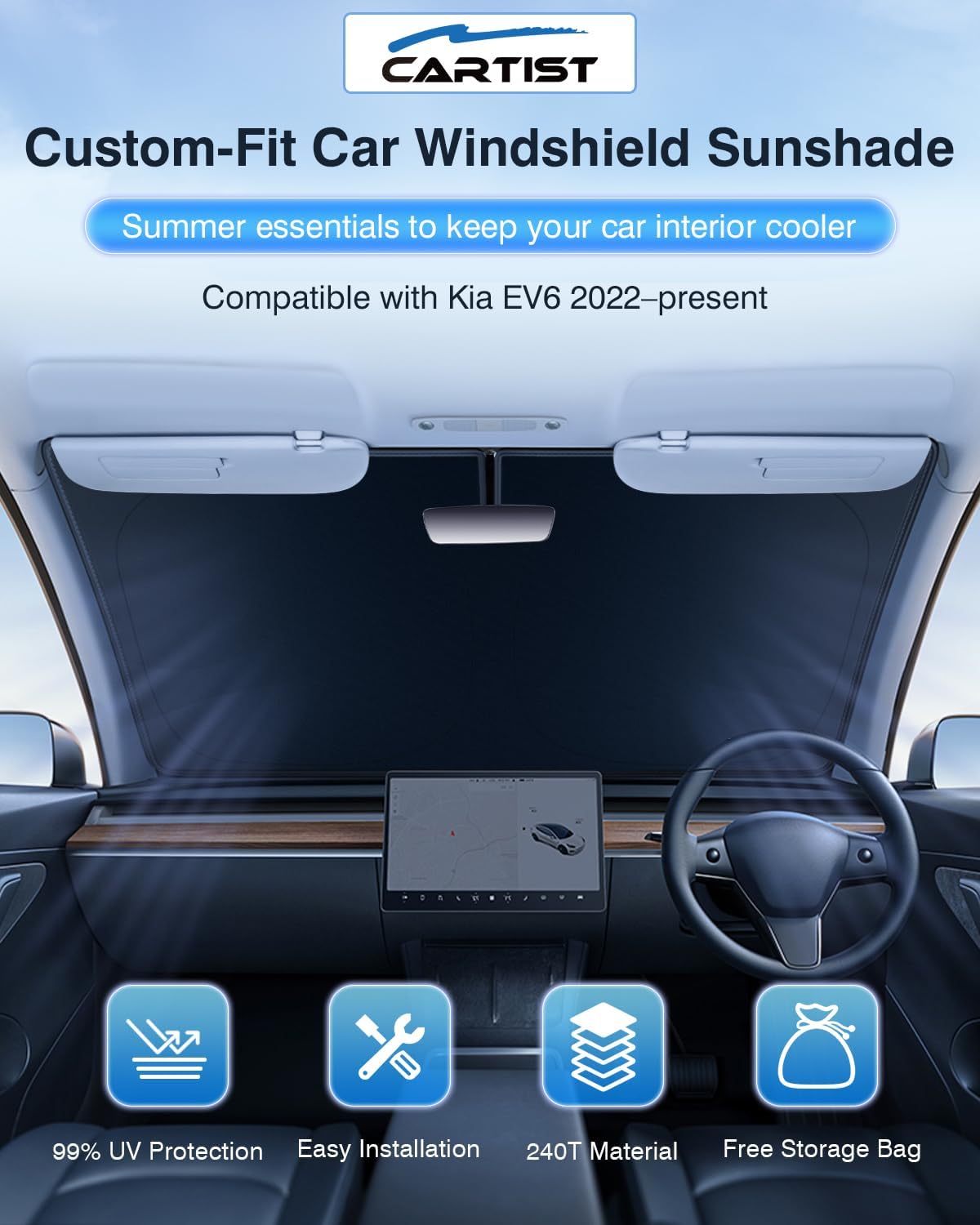 5-Layer Lighttight Windshield Sun Shade Fits for Kia EV6 2022-2024 2025 2026 Foldable Sun Shade for EV6 Accessories Car Front Window Sunshade Sun Visor