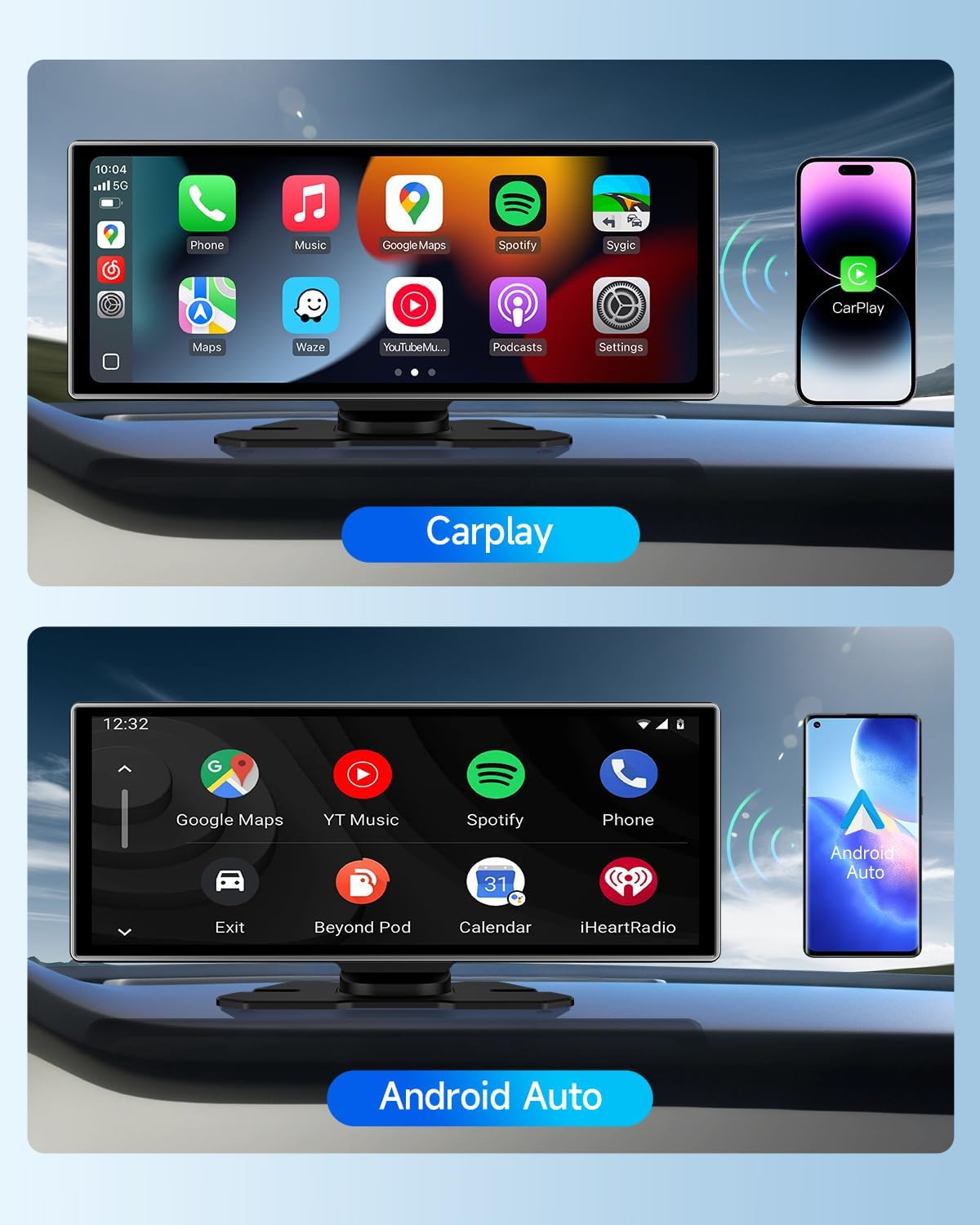 Wireless Carplay Screen for Car with 4K Dash Cam & 1080P Backup Camera, 11.26'' Portable A-pple Carplay & Android Auto Touch Screen Car Stereo, GPS Navigation, Bluetooth, Siri, FM, Mirror Link