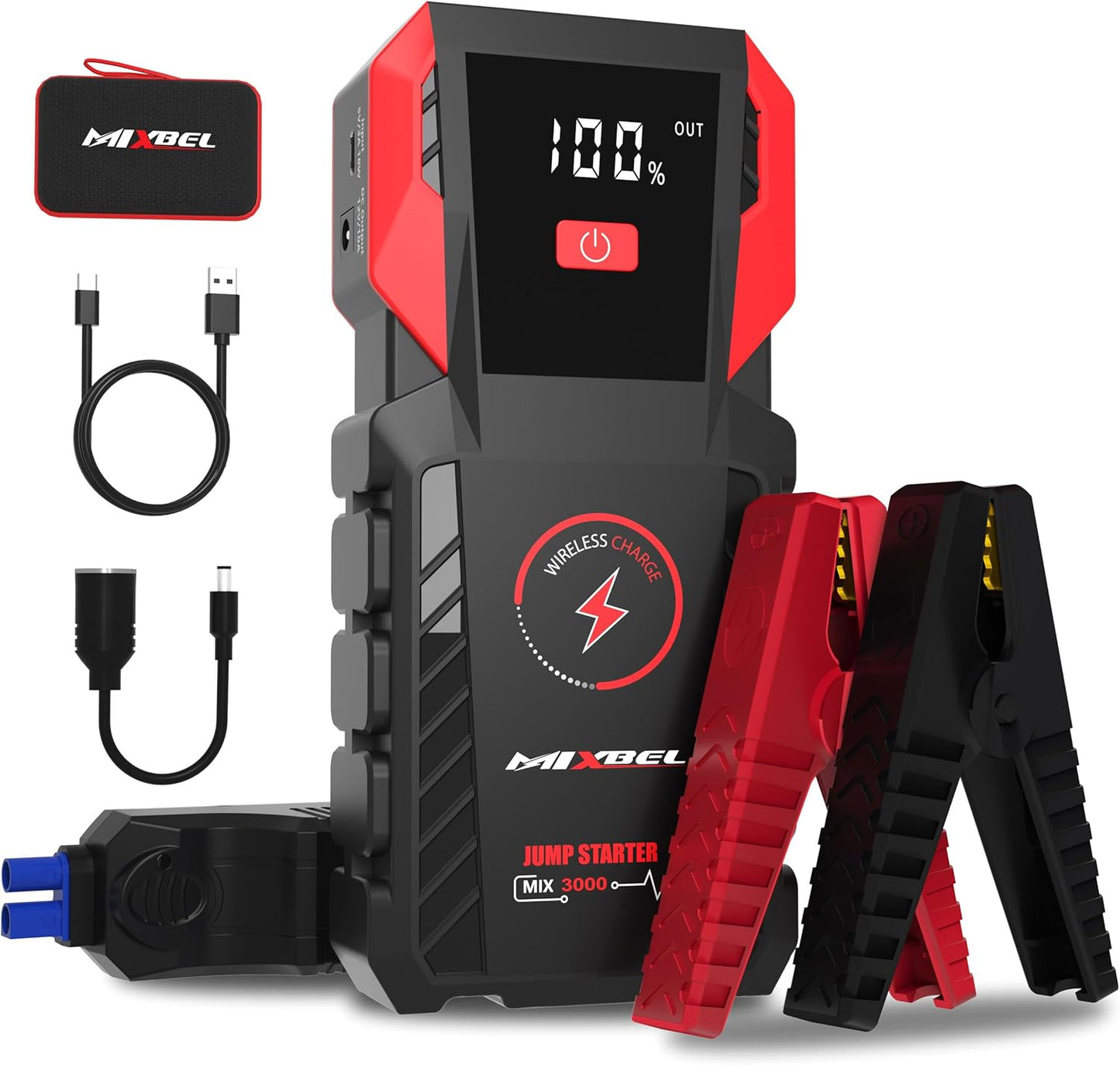 Jump Starter 3000A Peak 12V Portable Car Battery Jump Starter 24000mAh Jump Box for up to 8L Gas or 8L Diesel Engine Jump Starter Battery Pack with LED Light, USB QC 3.0 and Wireless Charging