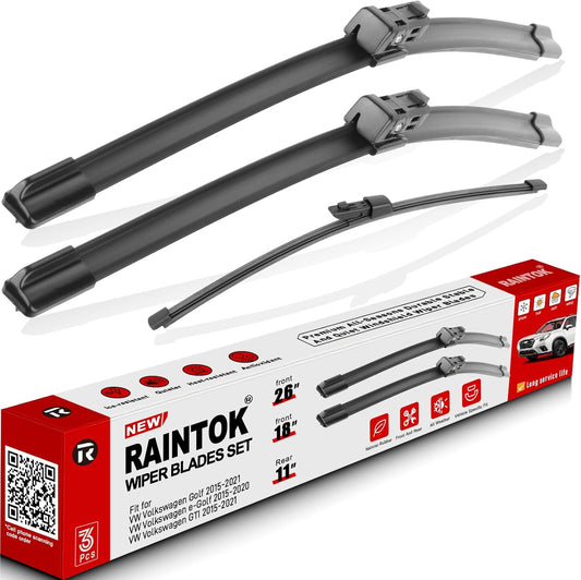 Windshield Wiper Blades - Replacement Set for Volkswagen Golf (2015-2021) & e-Golf (2015-2020) - Front & Rear (26", 18", 11") - Pack of 3