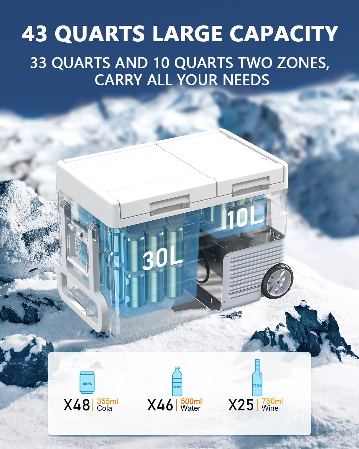 ELECAENTA 12 Volt Refrigerator, 43qt Dual Zone Car Fridge, Portable Freezer -4℉~68℉, Support DC/AC/Solar (Detachable Battery Optional), Electric Cooler for Camping Travel Fishing Road Trips