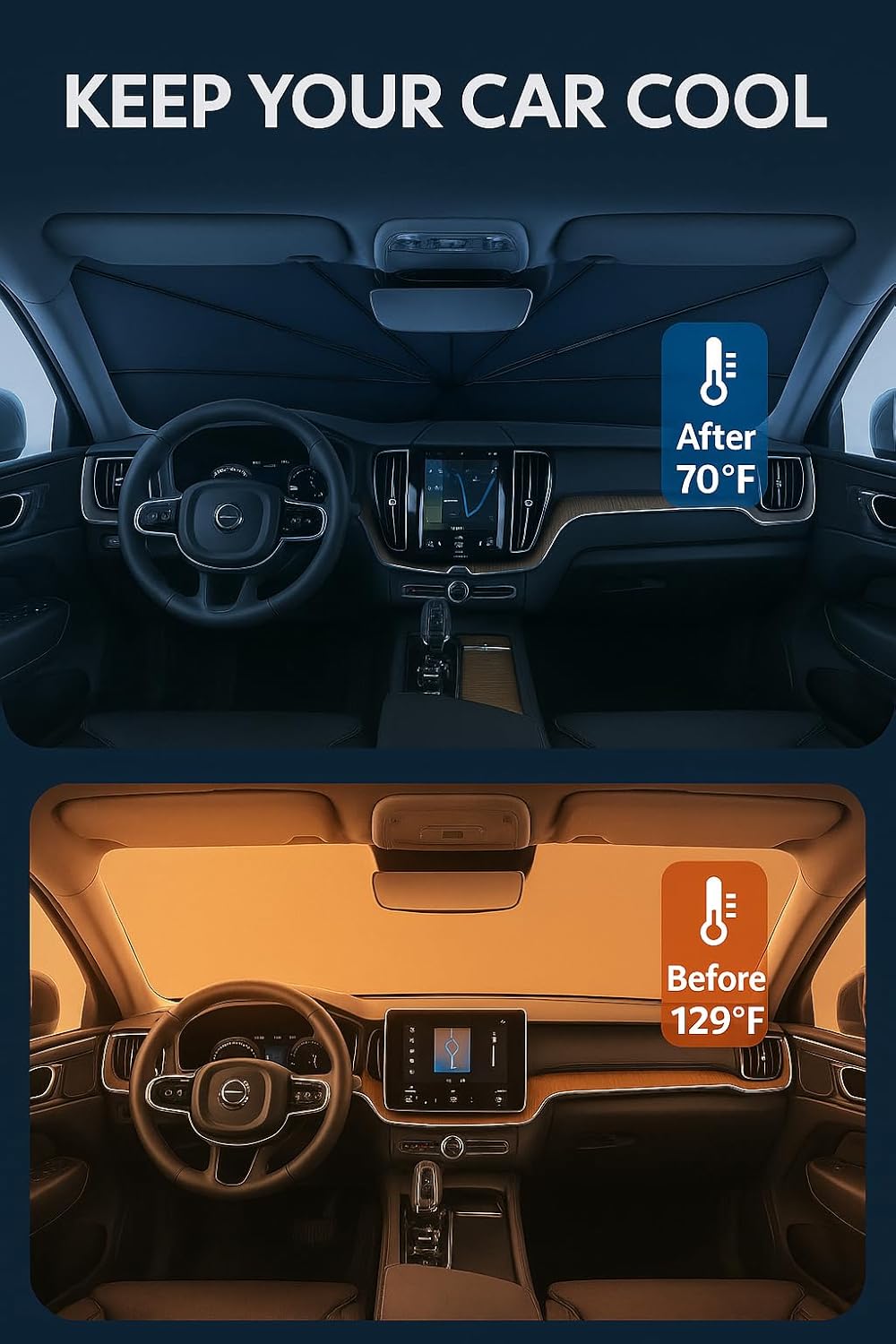 Proadsy Windshield Sun Shade Umbrella for Volvo XC60 2018-2025 2026 Foldable Car Umbrella Sunshade with Soft TPU Handle Spring Structure Crystal Cooling Material Protect Car from Rays & Heat