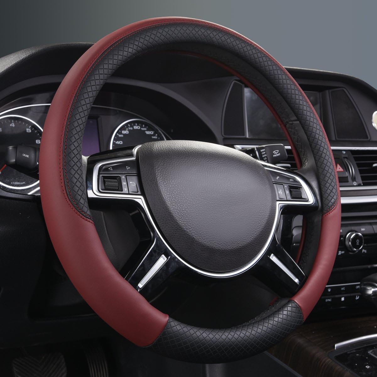 CAR PASS Rhombus Leather Universal Steering Wheel Cover, Fit for Suvs,Trucks,Cars,Sedans,Vans (Black&Burgundy)