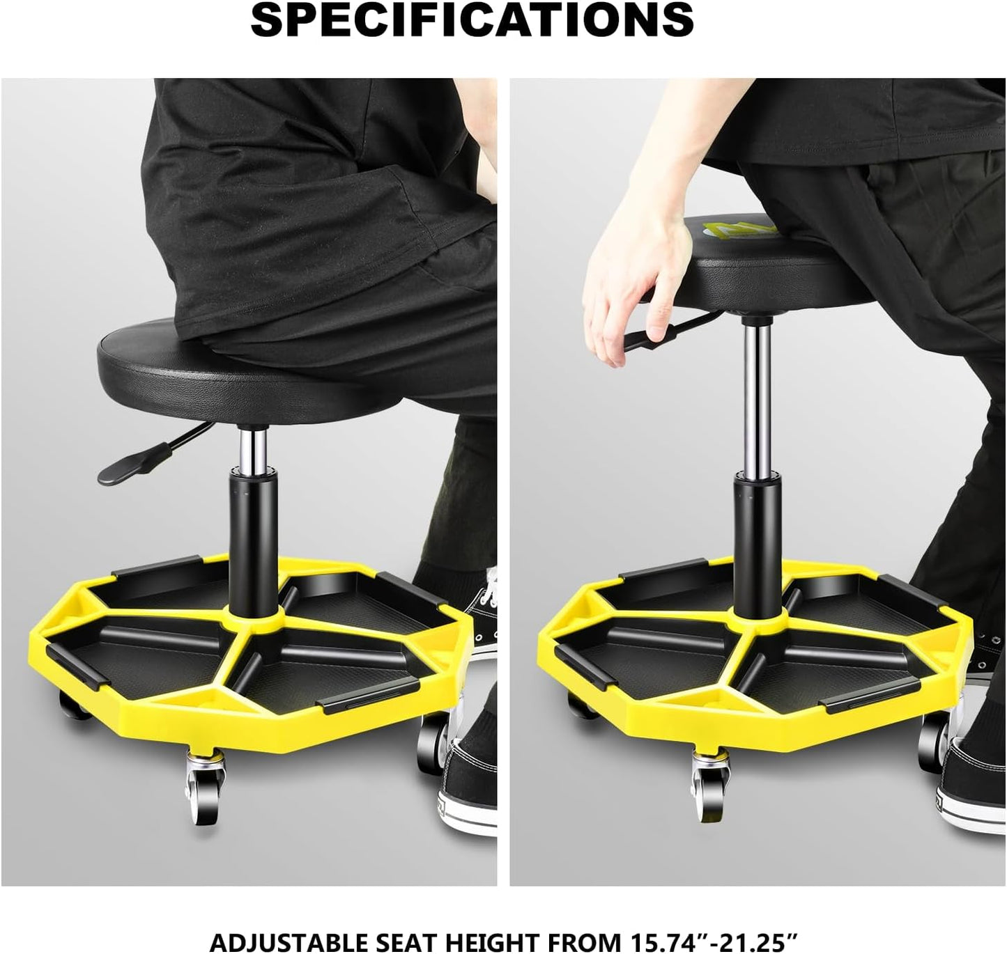 PM PERFORMOTOR Adjustable Height Pneumatic Garage Seat Rolling Mechanic Stool with Tool Tray Storage,300lbs Max Weight Capacity, Yellow,PM-TOL-ATS-YL
