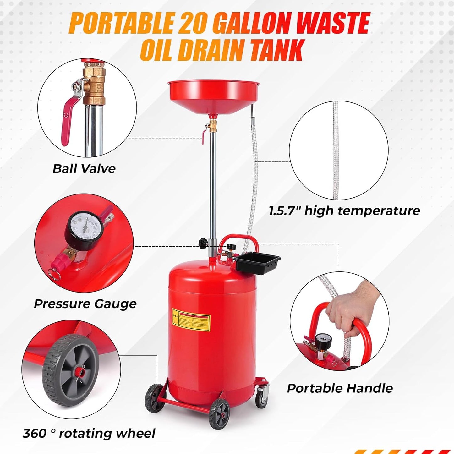 20 Gallon Waste Oil Drain Tank Portable Air Operated Oil Drainer with Adjustable Funnel Height 38-65 Inches 15 Inch Funnel Fluid Fuel Transfer Drain Container with 360 Degree Wheels and Toolbox Red
