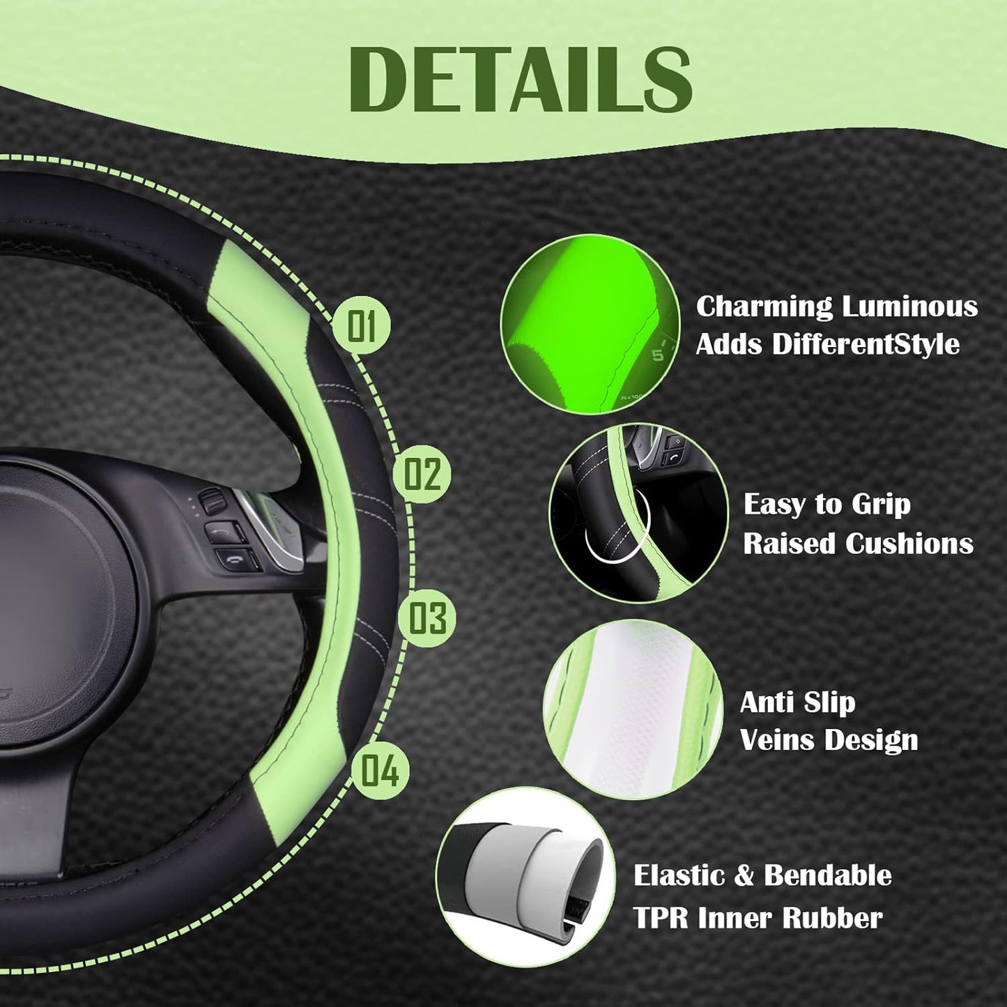 CAR PASS Line Rider Microfiber Leather Sporty Steering Wheel Cover Universal Fits for 95% Truck,SUV,Cars 14.5-15inch, Anti-Slip Safety Comfortable Design (Glows Lime Fluorescent Green)